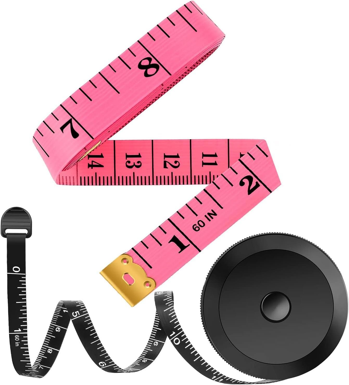 iBayam 2 Pack Tape Measure Measuring Tape for Body Fabric Sewing 60"/150cm | Soft Pink & Retractable Black Double Scales Ruler, Vinyl Measuring Tape for Tailor Home Craft Body Weight Loss Cloth Knitting