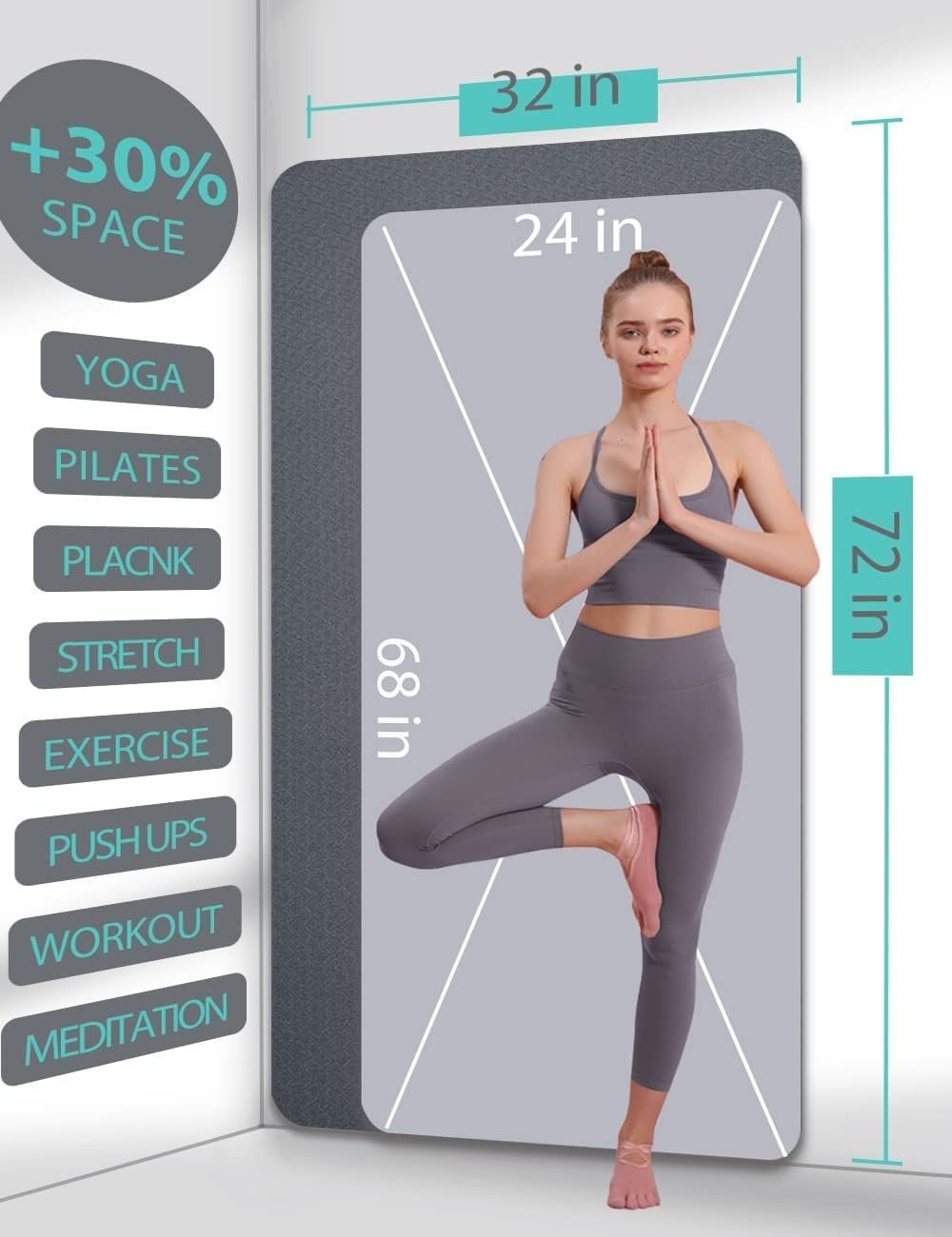 Yoga Mat Double-Sided Non Slip, 72'' x 32'' x 7mm - Extra Wide & Thick Yoga Mat for Women Men Kids, Professional TPE Yoga Mats for Home Workout, Yoga, Pilates and Floor Exercise, with Carrier Strap - Image 2