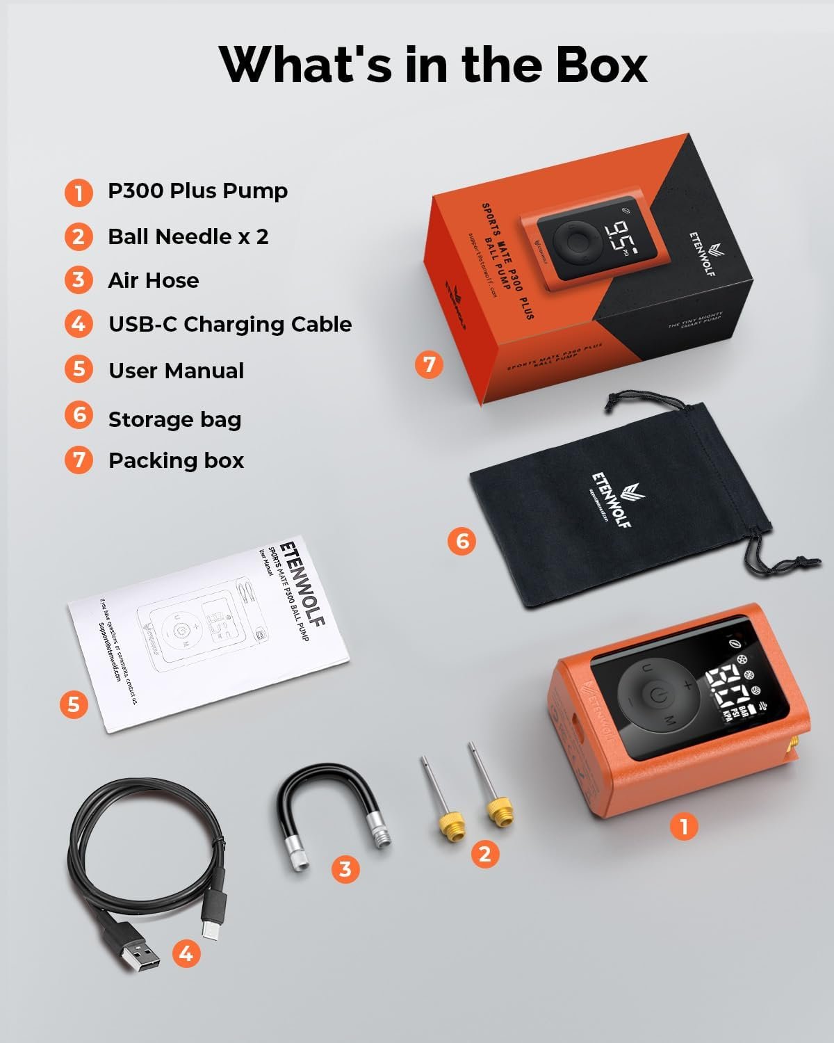 ETENWOLF P300 Plus Ball Pump, Electric Basketball Pump Inflation Deflation | with 3200 mAh Rechargeable Battery and 2 Needles, Air Pump for All Sports Balls - Image 8
