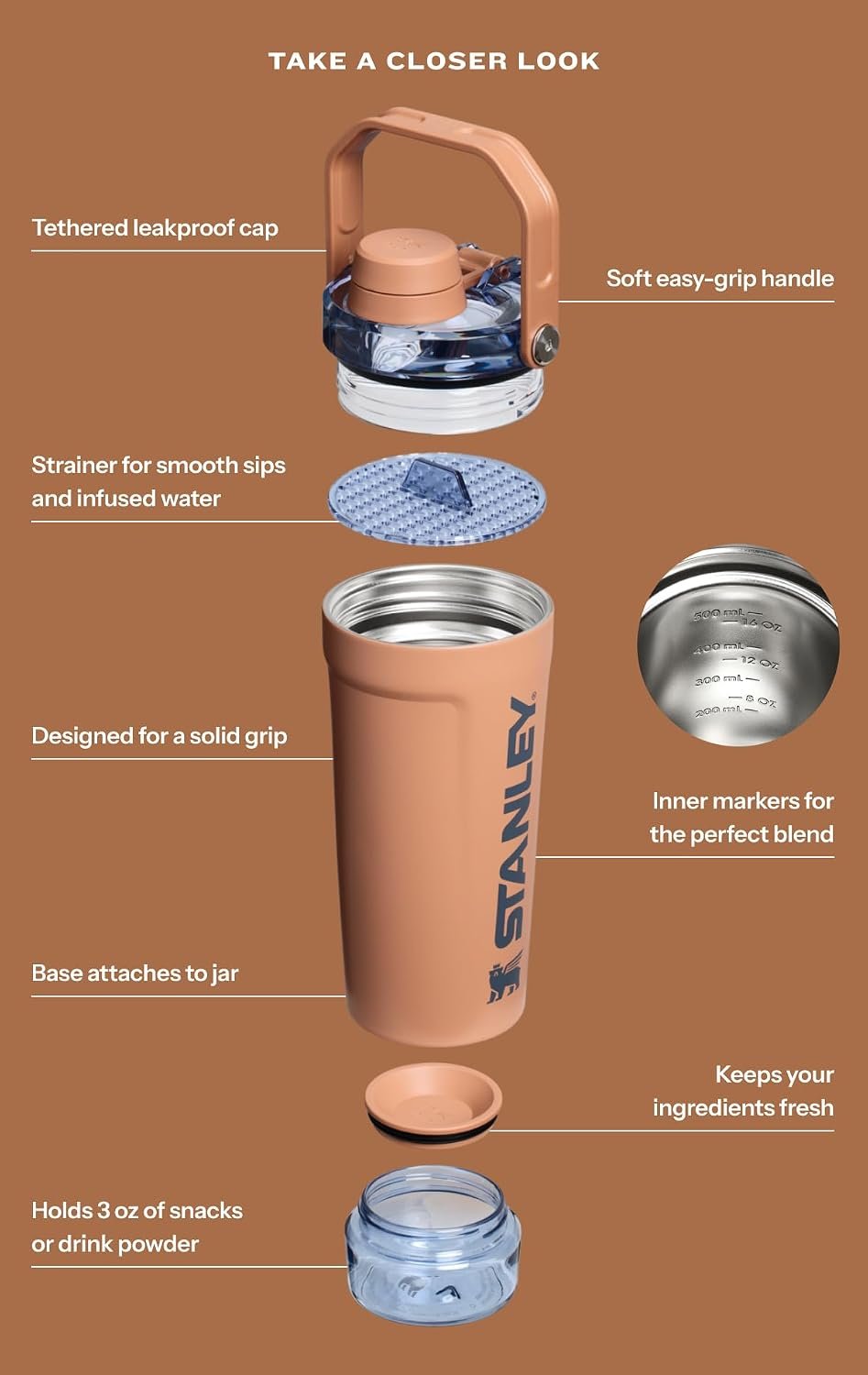 STANLEY Vitalize Shaker Bottle 20 oz | Leakproof Insulated Stainless Steel Shaker Cup | Base Storage and Twist On Fast Flow Lid | Protein Shakes and Pre Workout Powder | BPA-Free | Dried Pine - Image 5