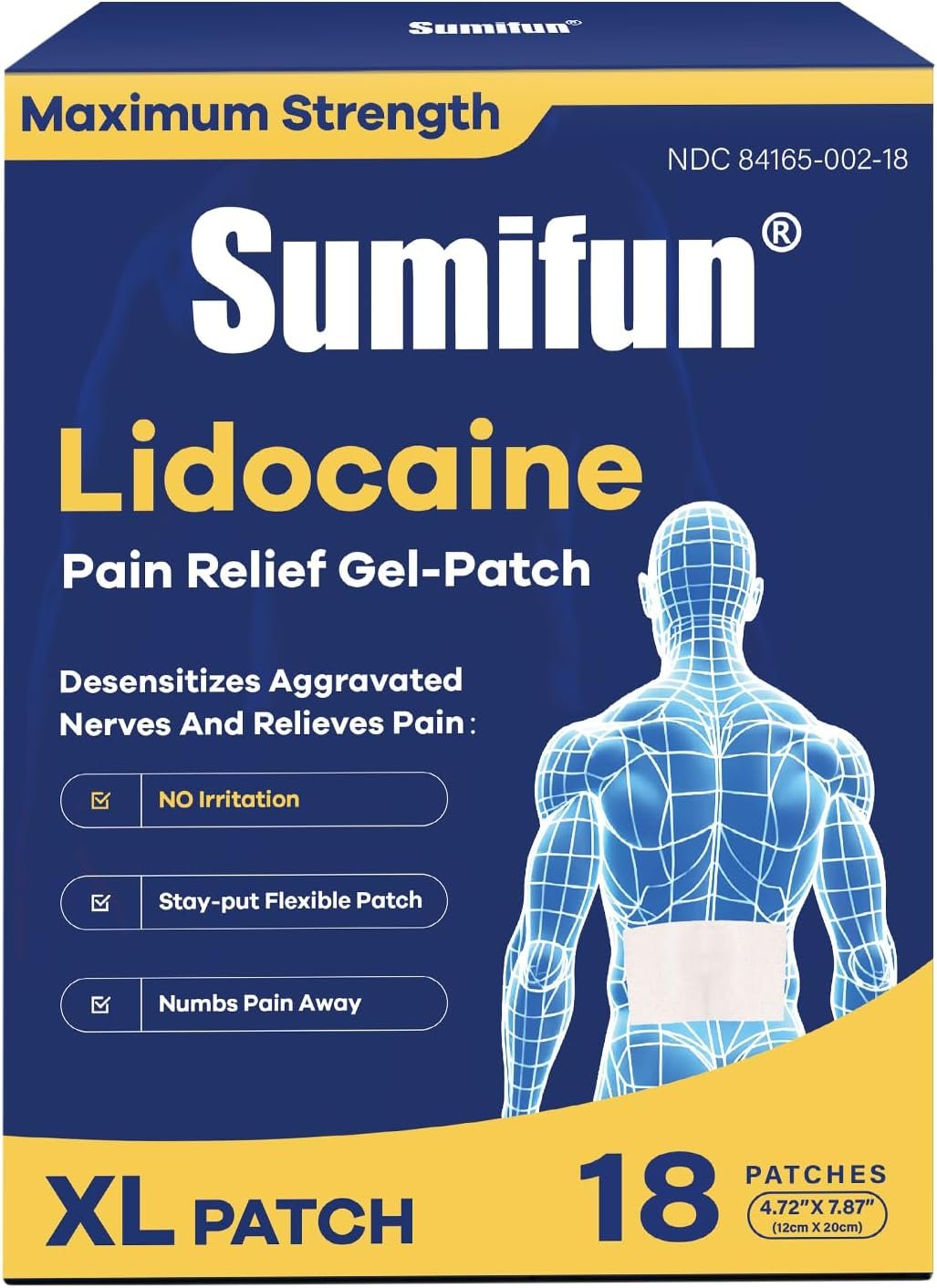 Sumifun 4% Lidocaine XL Pain Patches 18 Counts | Extra Large 4.72"x7.87" for Full Back & Thigh Coverage, Maximum Strength OTC Numbing, 8-Hour Medical Adhesion