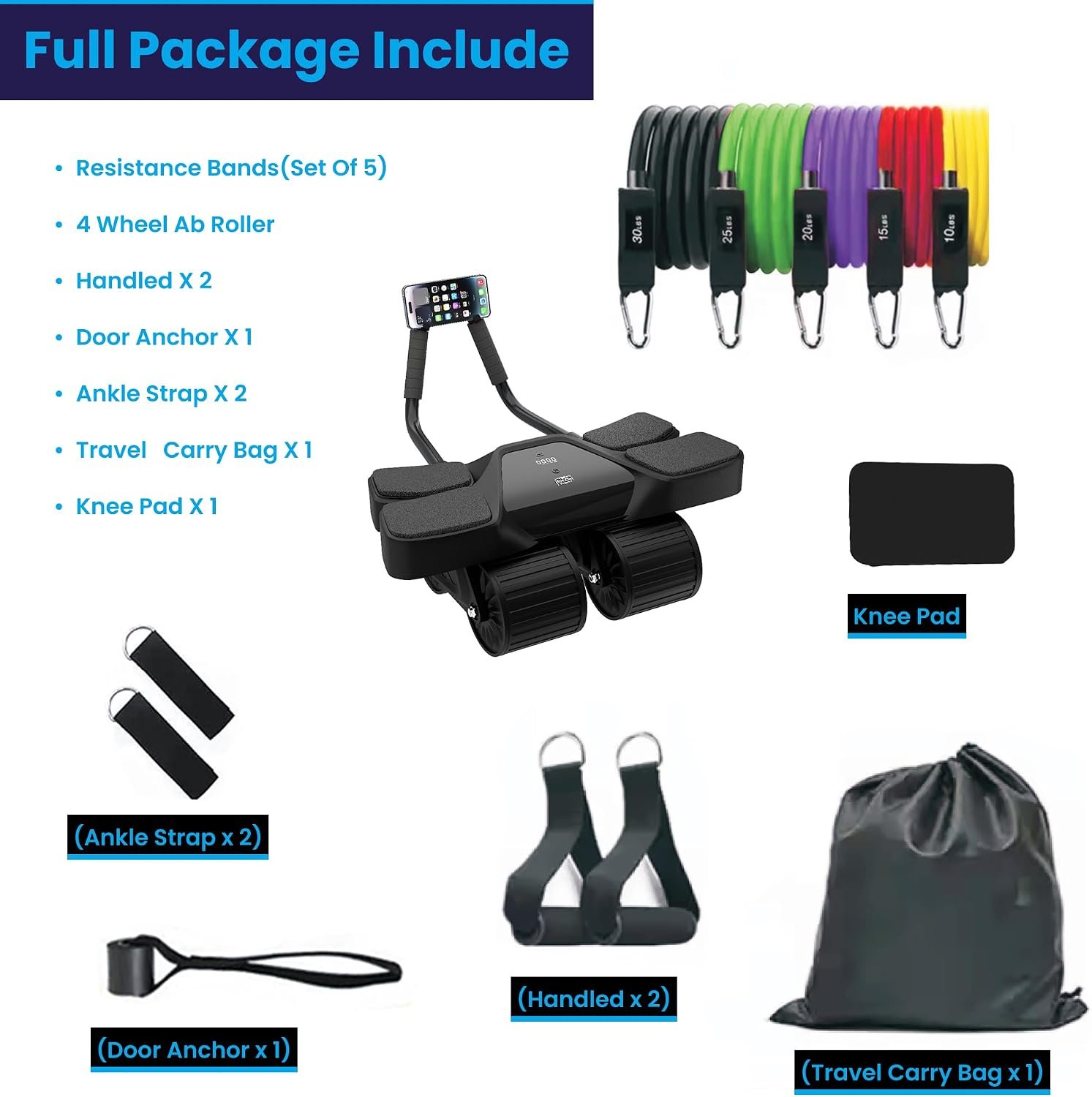 Ab Roller Home Gym Equipment – 4 Wheels Ab Wheel Muscle Roller with Built-in Tracker , 5Pcs Resistance Bands, Ankle Straps, Door Anchor, Handles, Travel Bag – Comfortable Elbow Support with Non-Slip Handles - Image 3