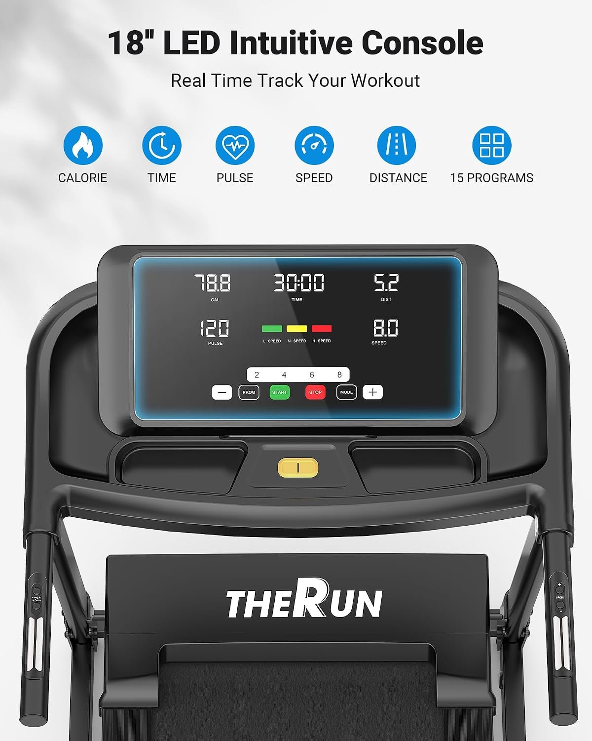 THERUN 9Mph Treadmills for HOM, Running Treadmill Manual Incline Treadmill | foldable, 18" LED screen, heart rate, 9mph, 3 manula incline, heavy duty treadmill, wide belt, hydraulic folding - Image 5