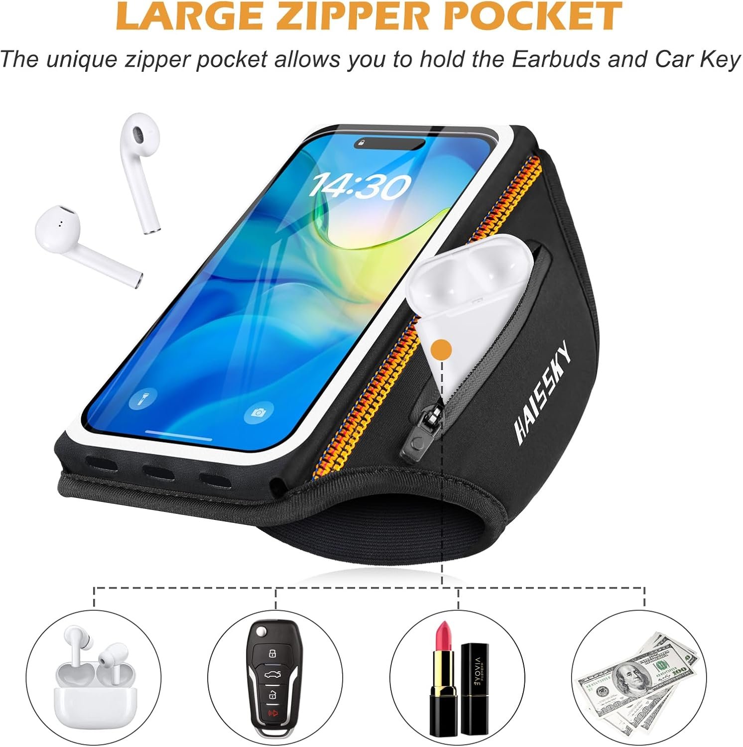 Running Armband with Earphone Bag Cell Phone Armband for iPhone 17 16 15 Pro 14 Plus 13 11 XR, Galaxy S24/S10 Water Resistant Sports Phone Holder Case & Zipper Slot Car Key Holder for 6.9 inch Phone - Image 2