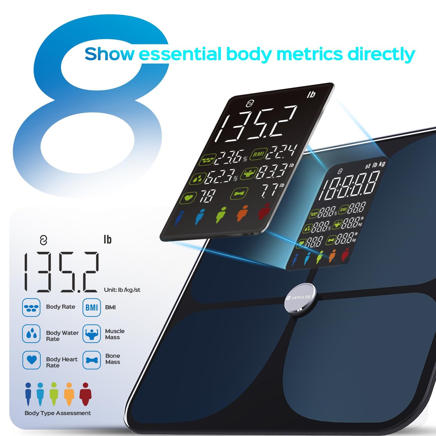 Lepulse Scale for Body Weight, Smart Digital Bathroom Weight Scale with Bmi | Body Fat Muscle Mass,20 Body Composition Metrics, 4.68"Large Display, Heart Rate, Accurate Bluetooth Weighing Scale with App - Image 3