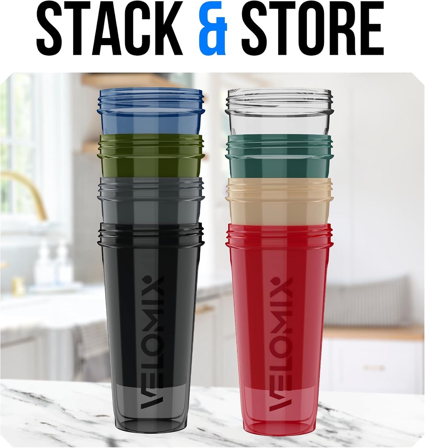 VELOMIX 8 Pack 28oz Protein Shaker Bottle for Protein Mixes, Crystal Clear | 8x Wire Whisk, Leak Proof Shaker Cups for Protein Shakes, Stackable, Multipack Value Set for Home, Gym, Office and Car - Image 6