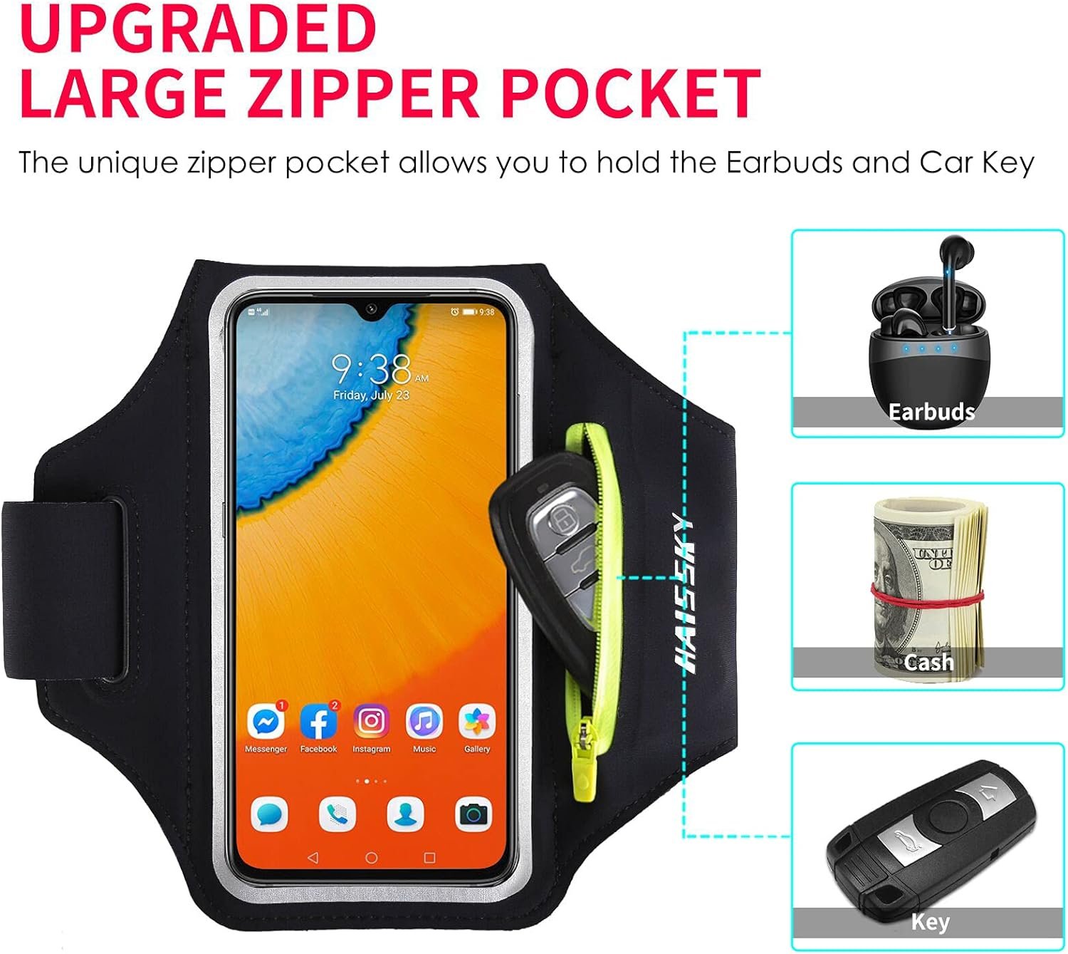 Running Armband with Earphone Bag Cell Phone Armband for iPhone 17 16 15 Pro 14 Plus 13 11 XR, Galaxy S24/S10 Water Resistant Sports Phone Holder Case & Zipper Slot Car Key Holder for 6.9 inch Phone - Image 2