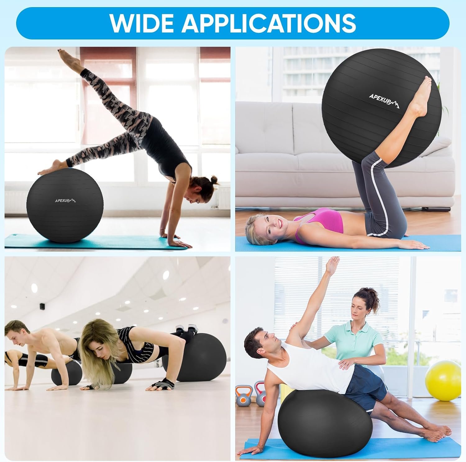 APEXUP Yoga Ball, 660 lbs Anti-Burst Exercise Ball with Pump, 5 Sizes | Anti-Burst, Anti-Slip, SGS Certified, Strengthens Core, Improves Balance & Posture, Boosts Flexibility & Stability - Image 9