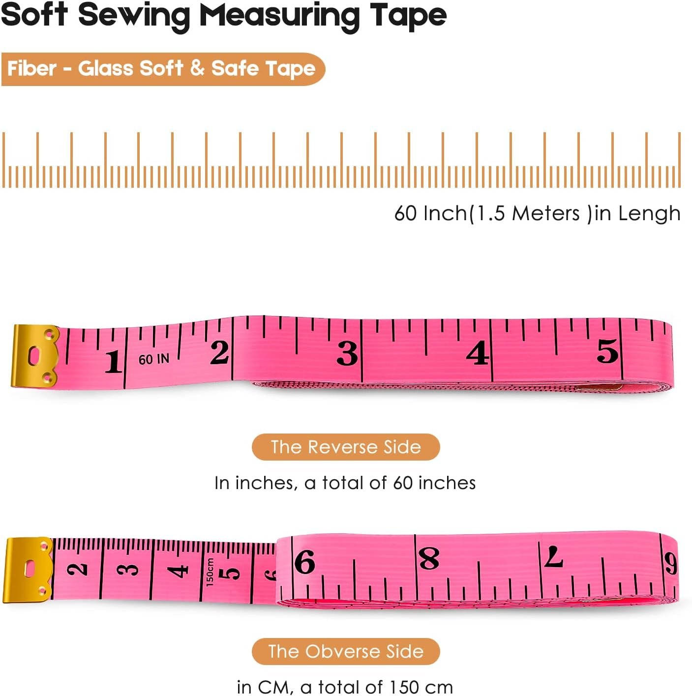 iBayam 2 Pack Tape Measure Measuring Tape for Body Fabric Sewing 60"/150cm | Soft Pink & Retractable Black Double Scales Ruler, Vinyl Measuring Tape for Tailor Home Craft Body Weight Loss Cloth Knitting - Image 2