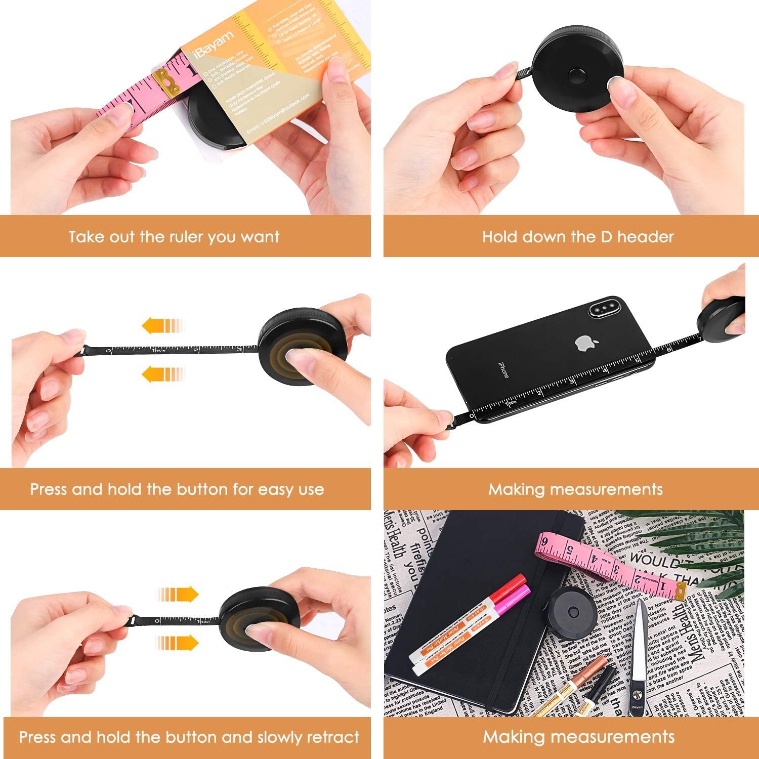 iBayam 2 Pack Tape Measure Measuring Tape for Body Fabric Sewing 60"/150cm | Soft Pink & Retractable Black Double Scales Ruler, Vinyl Measuring Tape for Tailor Home Craft Body Weight Loss Cloth Knitting - Image 5