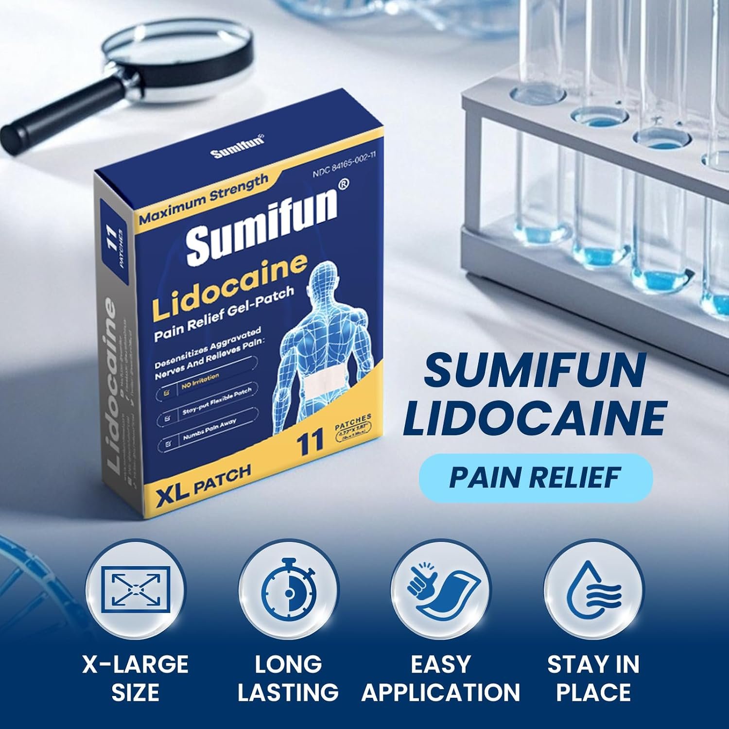 Sumifun 4% Lidocaine XL Pain Patches 18 Counts | Extra Large 4.72"x7.87" for Full Back & Thigh Coverage, Maximum Strength OTC Numbing, 8-Hour Medical Adhesion - Image 3