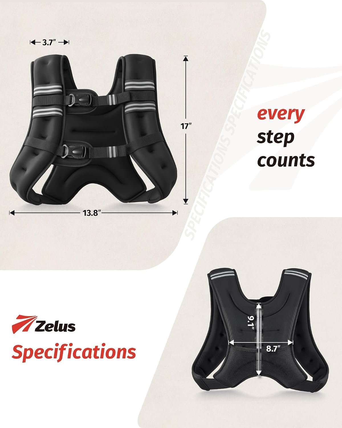 ZELUS Weighted Vest, 6lb/8lb/12lb/16lb/20lb/25lb/30lb Weight Vest with Reflective Stripe for Workout, Strength Training, Running, Fitness, Muscle Building, Weight Loss, Weightlifting - Image 8