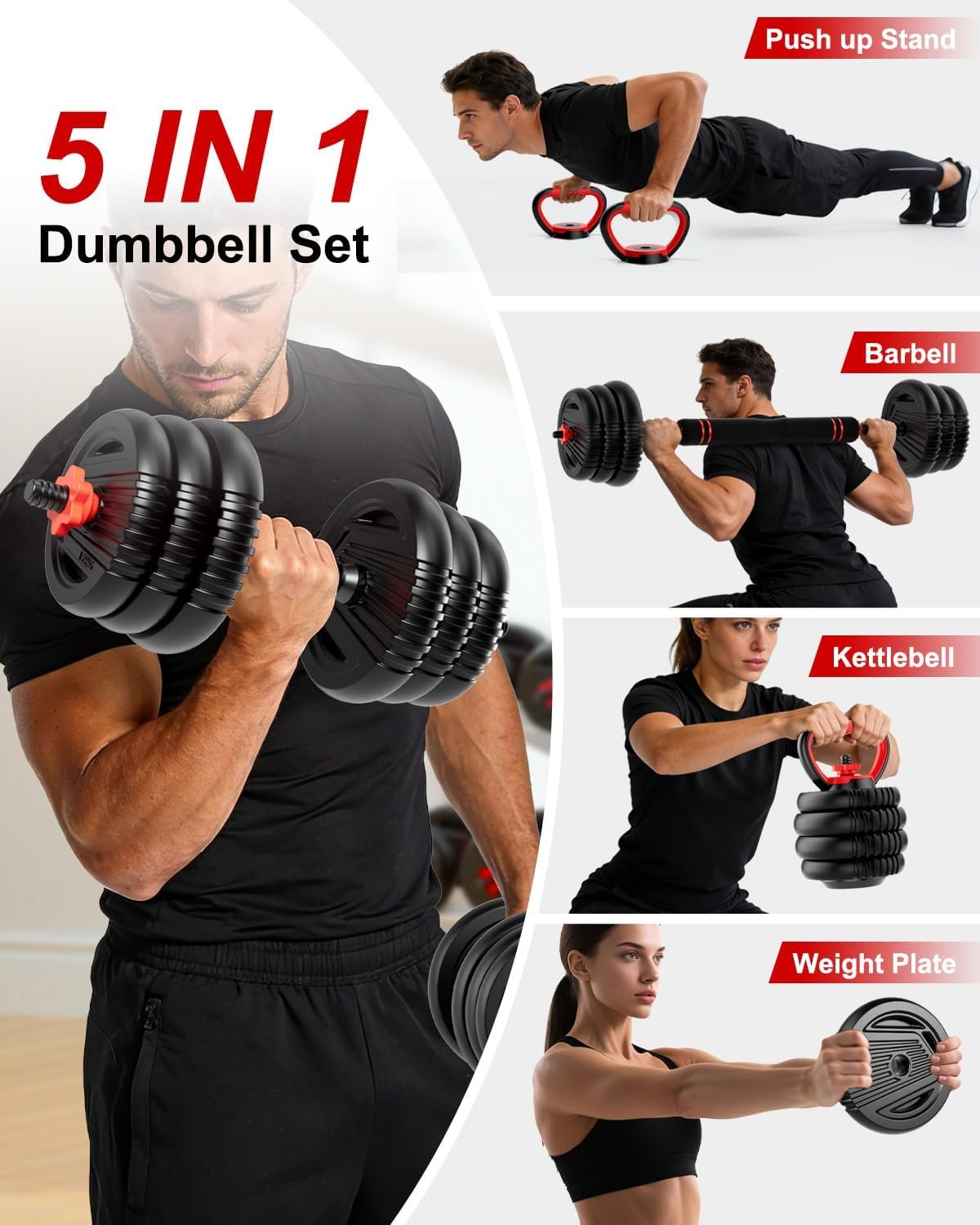 Adjustable Dumbbell set,20/30/45/70/90lbs Free Weight Set | 5 in1 Dumbbell Set with Connector,Used as Barbell,Kettlebells,Push up Stand,Fitness Exercises for Home Gym Suitable Men/Women - Image 8