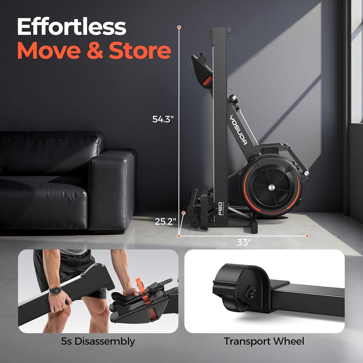 YOSUDA R2 Rowing Machine for Home, Air Rower with Self-Powered Monitor | 10 Level Resistance, Aluminum Rail, Ergonomic Seat, Easy Storage, Full Body Workout, Home Gym Equipment - Image 8