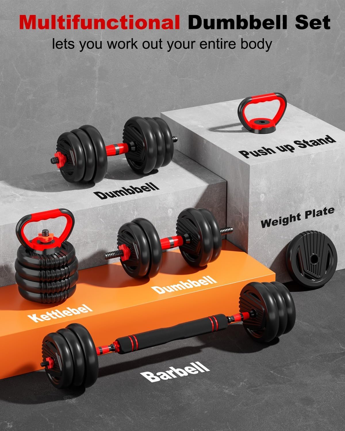 Adjustable Dumbbell set,20/30/45/70/90lbs Free Weight Set | 5 in1 Dumbbell Set with Connector,Used as Barbell,Kettlebells,Push up Stand,Fitness Exercises for Home Gym Suitable Men/Women - Image 6