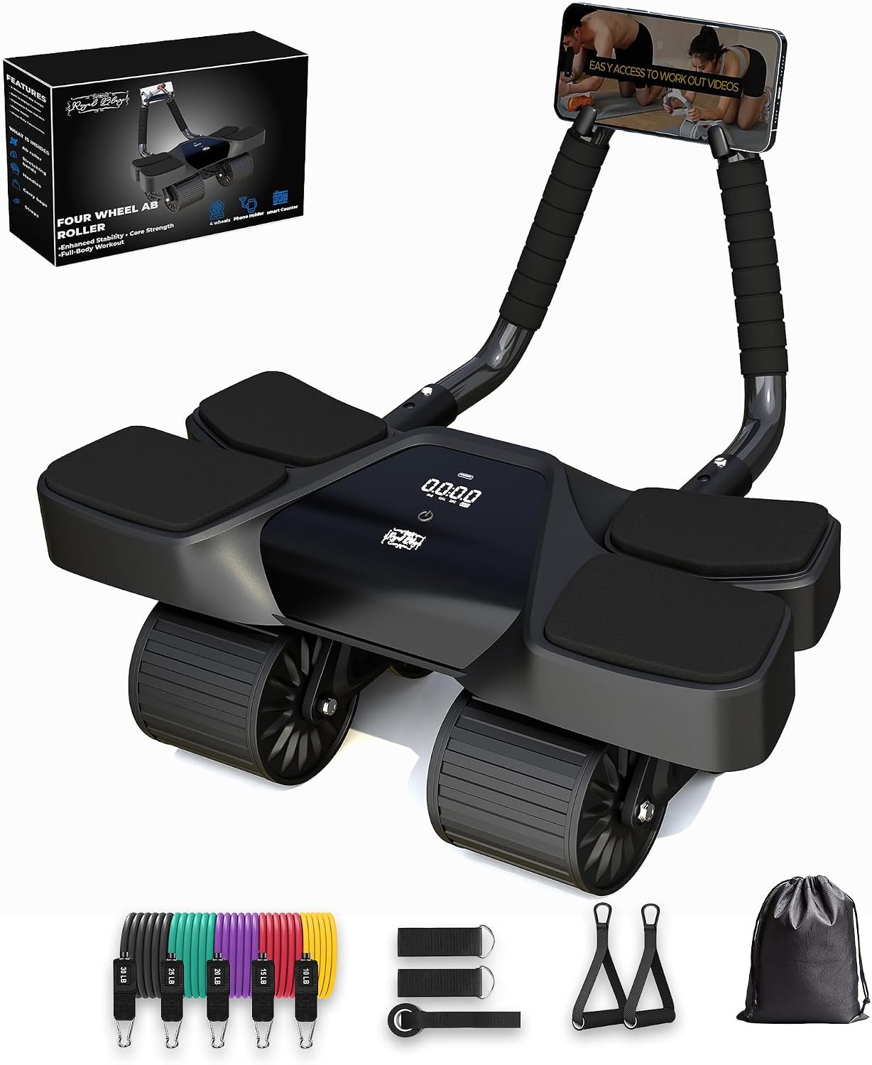 Ab Roller Home Gym Equipment – 4 Wheels Ab Wheel Muscle Roller with Built-in Tracker , 5Pcs Resistance Bands, Ankle Straps, Door Anchor, Handles, Travel Bag – Comfortable Elbow Support with Non-Slip Handles - Image 2