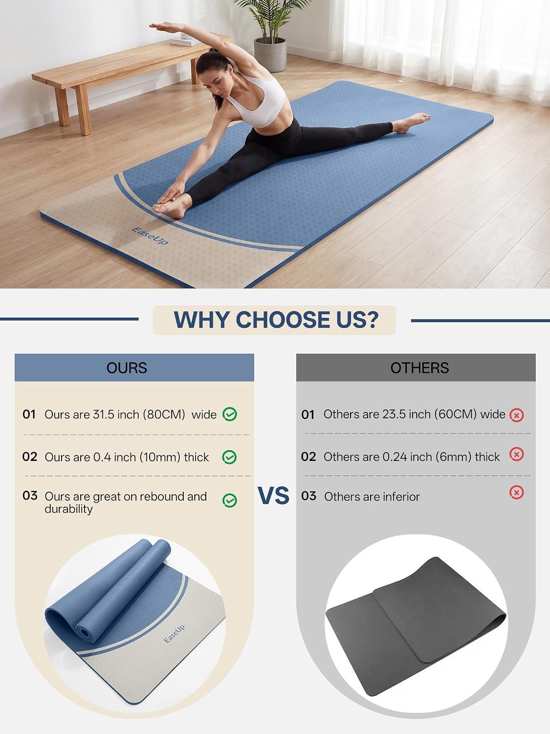 EaseUp 10mm Thick Yoga Mat, 73"×31.5" Extra Wide, Non-Slip with Strap | Extra thick 0.4inch yoga mats for Yoga,Exercise,Pilates and Fitness, for Women Men Home Workout - Image 4