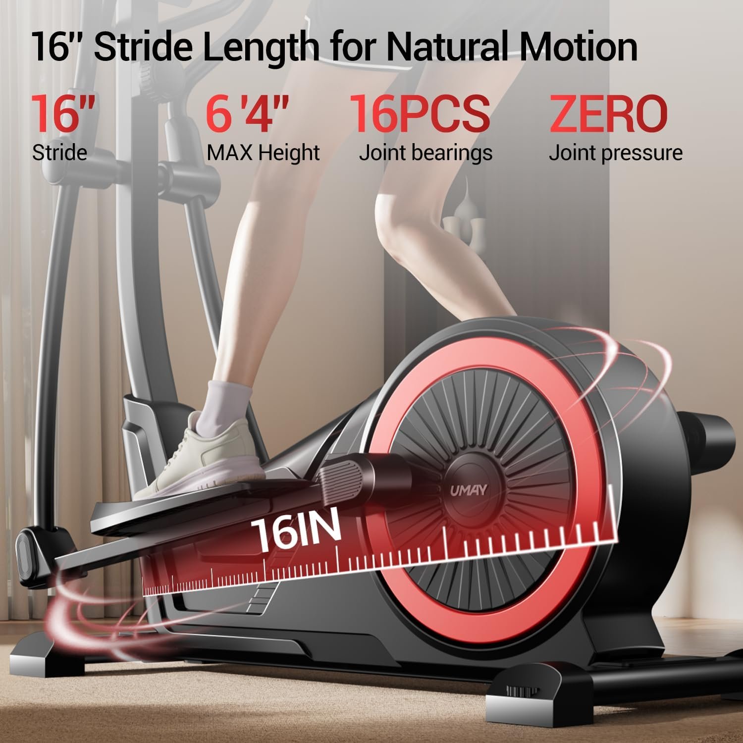 Elliptical Exercise Machine with 15.5''-17'' Stride & Heart Rate Grips,Ultra Silent Magnetic Elliptical Machine for Home with 16 Levels Resistance and LCD Monitor,400 LBS Weight Capacity - Image 4