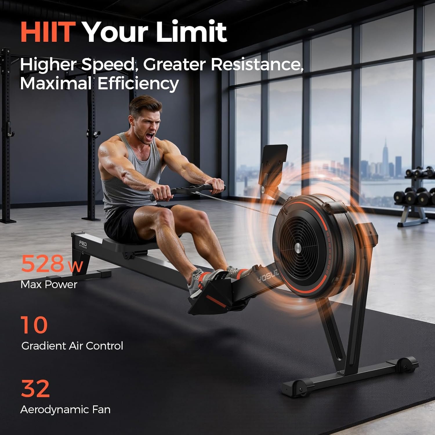 YOSUDA R2 Rowing Machine for Home, Air Rower with Self-Powered Monitor | 10 Level Resistance, Aluminum Rail, Ergonomic Seat, Easy Storage, Full Body Workout, Home Gym Equipment - Image 2