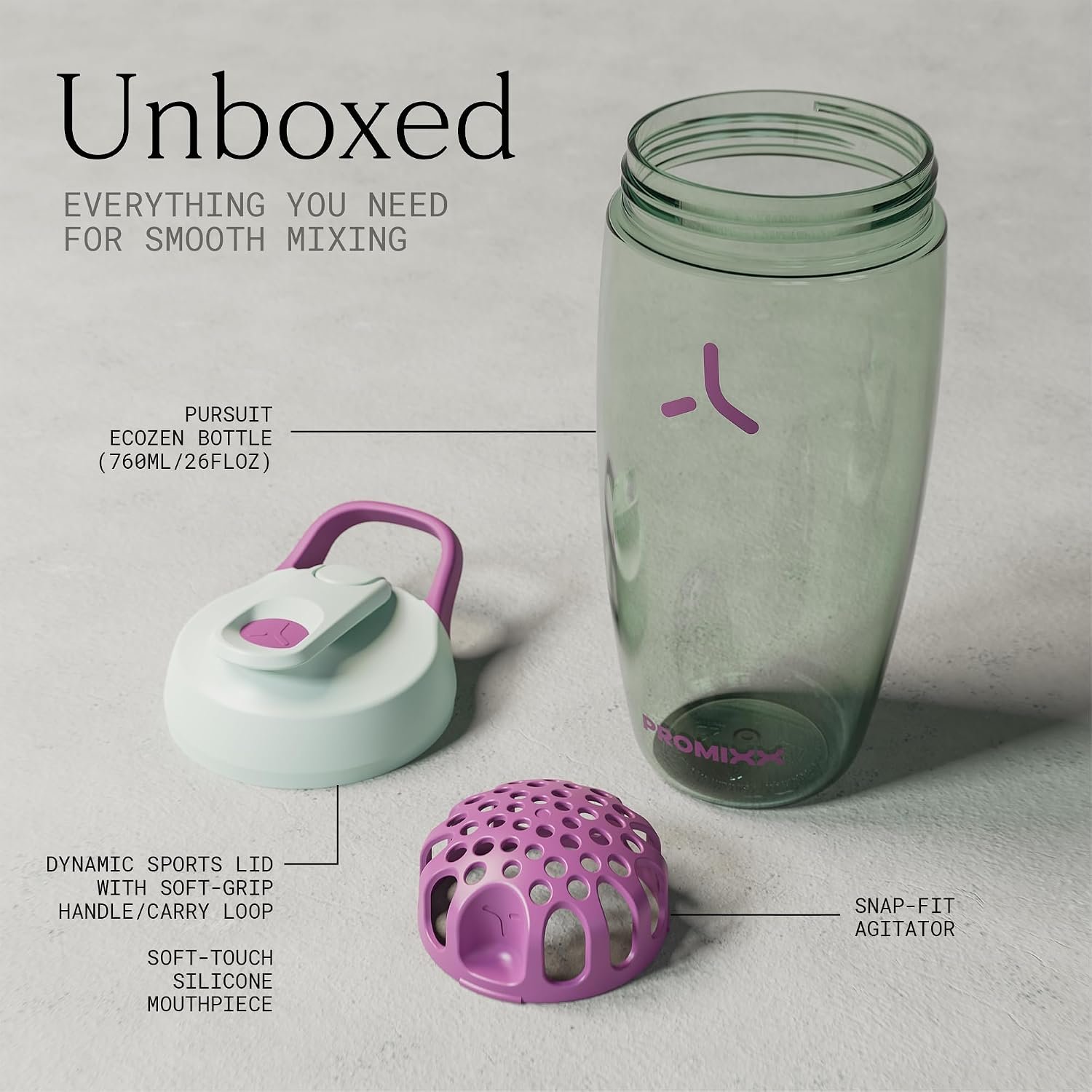 PROMIXX Pursuit Protein Shaker Bottle – 26oz Silent Snap-Fit Mixer for Lump-Free Shakes – Leak-Proof BPA-Free Ecozen Gym Shaker with Measurement Marks for Fitness and Travel – Seagrass Green - Image 8