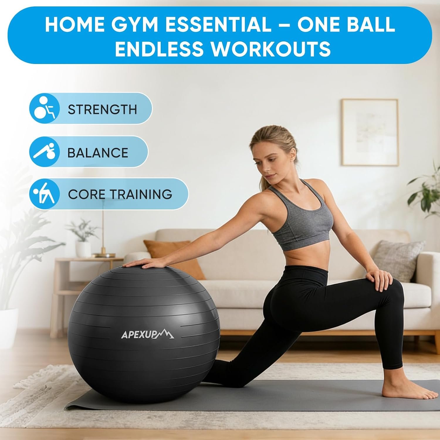 APEXUP Yoga Ball, 660 lbs Anti-Burst Exercise Ball with Pump, 5 Sizes | Anti-Burst, Anti-Slip, SGS Certified, Strengthens Core, Improves Balance & Posture, Boosts Flexibility & Stability - Image 2