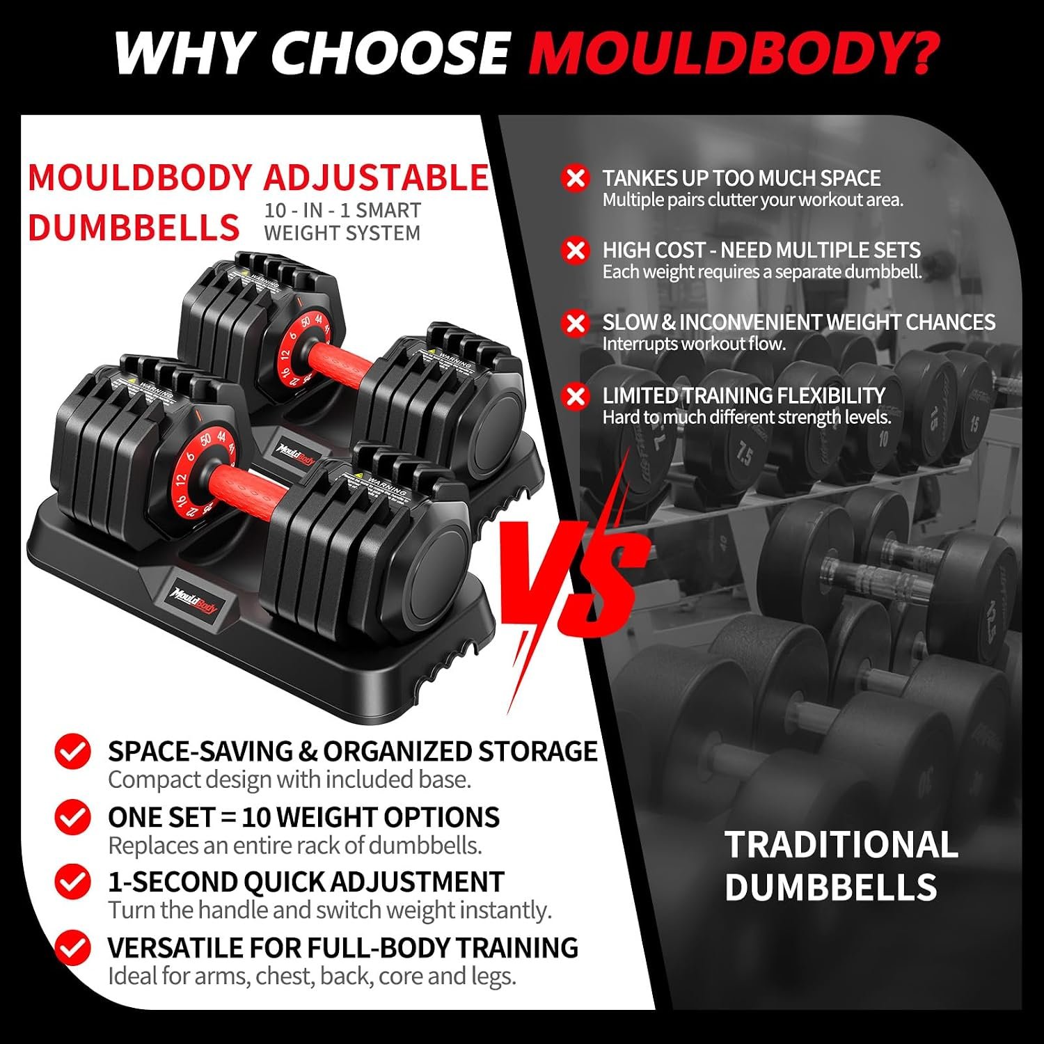 Adjustable Dumbbell Set Pair 25 lb or 50 lb, Adjustable Dumbbells 10-in-1 Free Weight Set, 1-Second Dial Weight Adjustment,Space-Saving Design with Storage Base, Home Gym Strength Training Equipment - Image 2