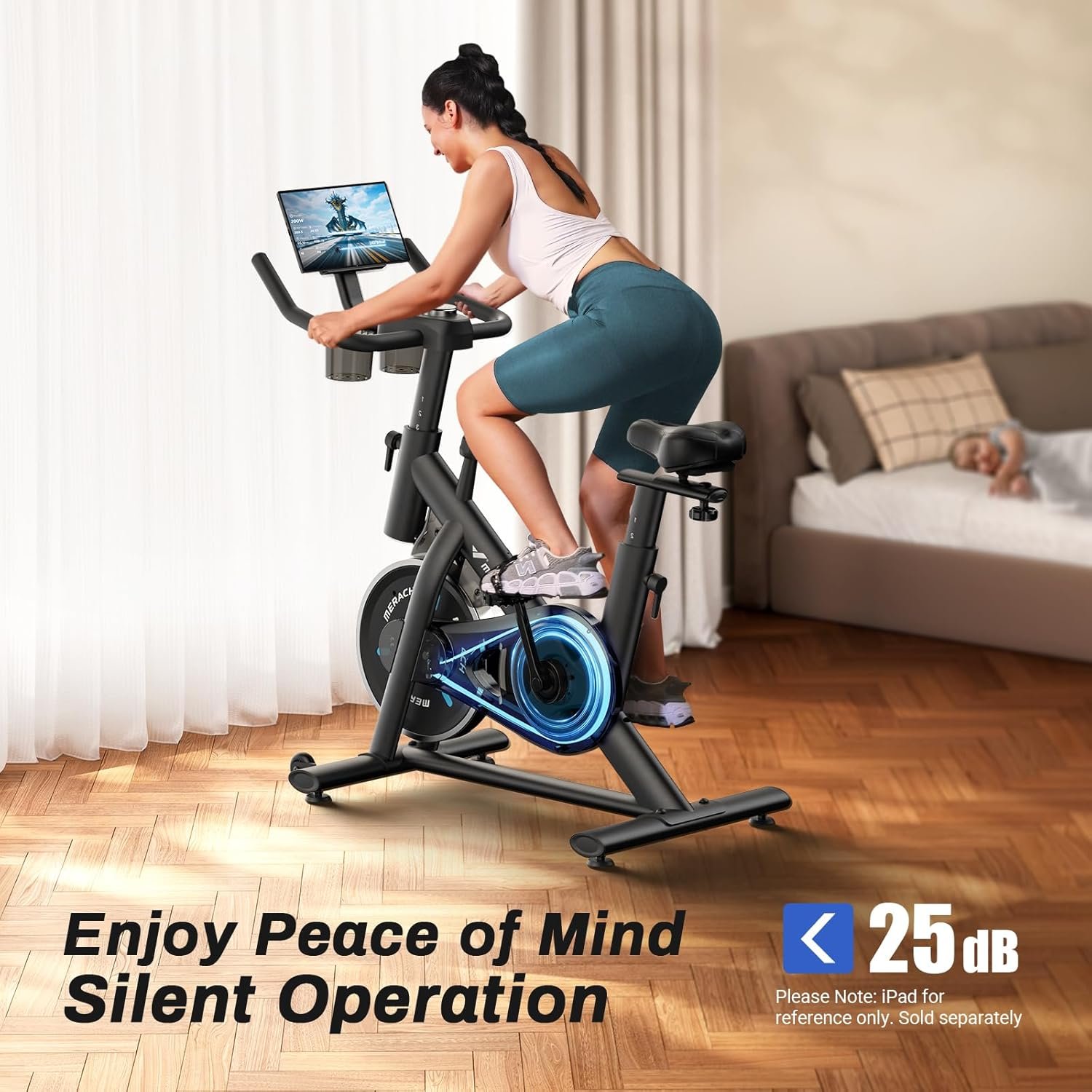 MERACH Exercise Bike, Magnetic Friction Stationary Bike with Brake Pad | Low Noise Indoor Cycling Bike with Exclusive App, 300lbs Weight Capacity, Tablet Mount and Fitness Courses for Weight Loss - Image 3