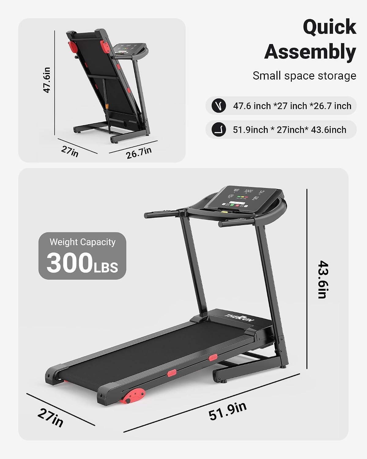 THERUN 9Mph Treadmills for HOM, Running Treadmill Manual Incline Treadmill | foldable, 18" LED screen, heart rate, 9mph, 3 manula incline, heavy duty treadmill, wide belt, hydraulic folding - Image 8