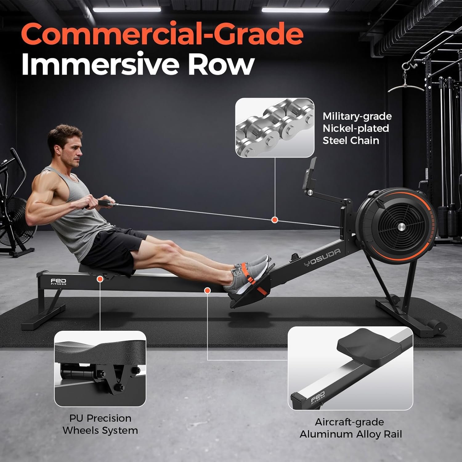 YOSUDA R2 Rowing Machine for Home, Air Rower with Self-Powered Monitor | 10 Level Resistance, Aluminum Rail, Ergonomic Seat, Easy Storage, Full Body Workout, Home Gym Equipment - Image 5