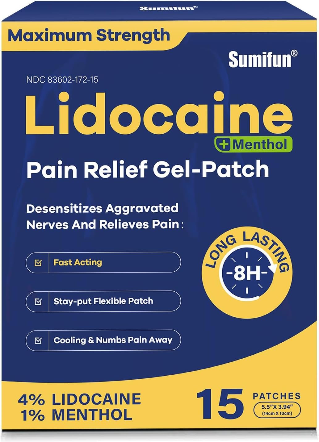 Sumifun 4% Lidocaine Patches Plus 1% Menthol 15 Counts(Pack of 1) | Maximum Strength OTC Pain Relief Patches for Back Ache Stiff Neck Joint Pain Muscle Soreness Topical Analgesic