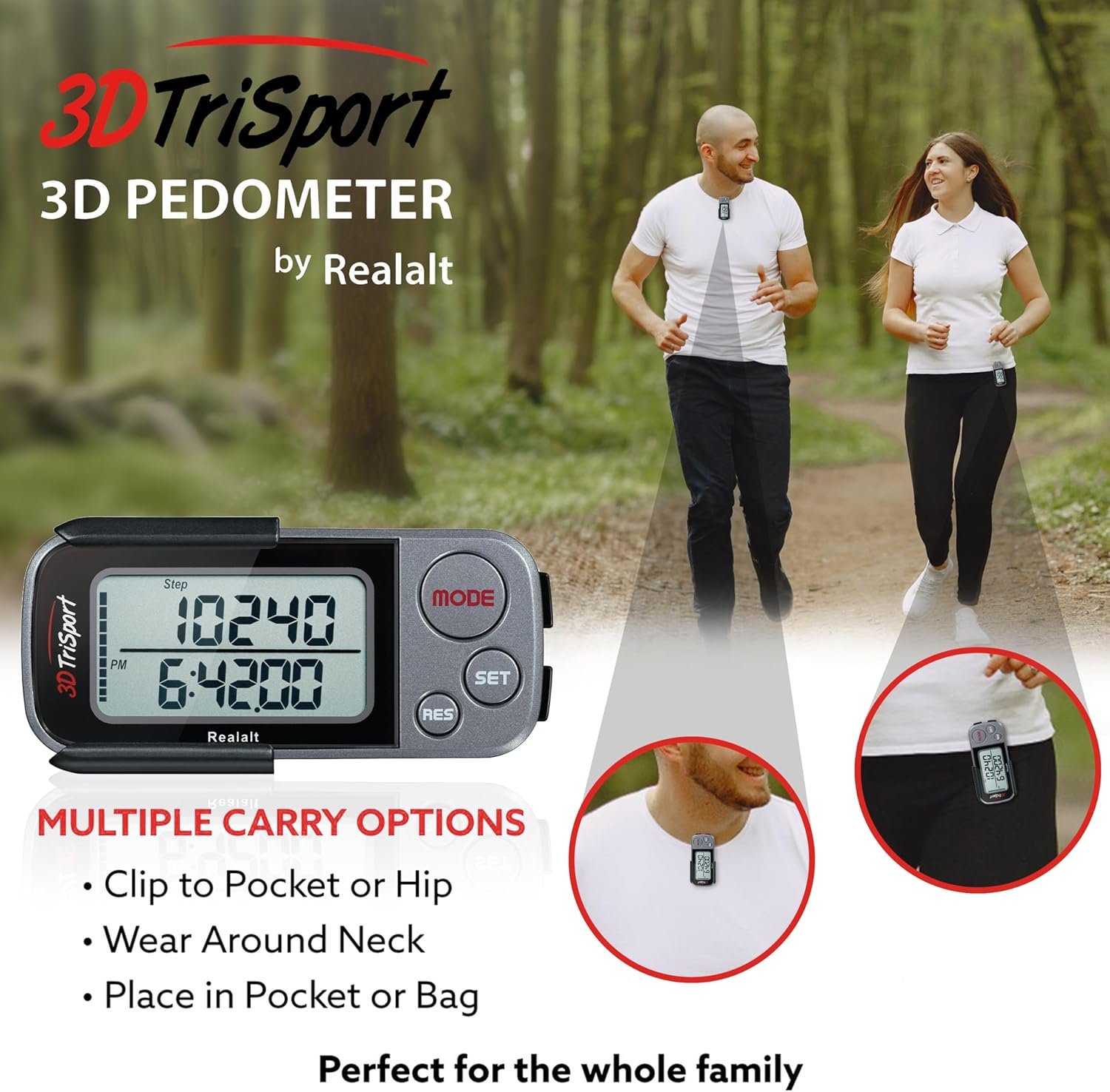 Realalt 3DTriSport 3D Walking Pedometer with Clip & Strap, Accurate Step Counter with 30-Day Memory, Distance in Miles/KM with Large Display Perfect for Seniors & Beginners, eBook Included - Image 5