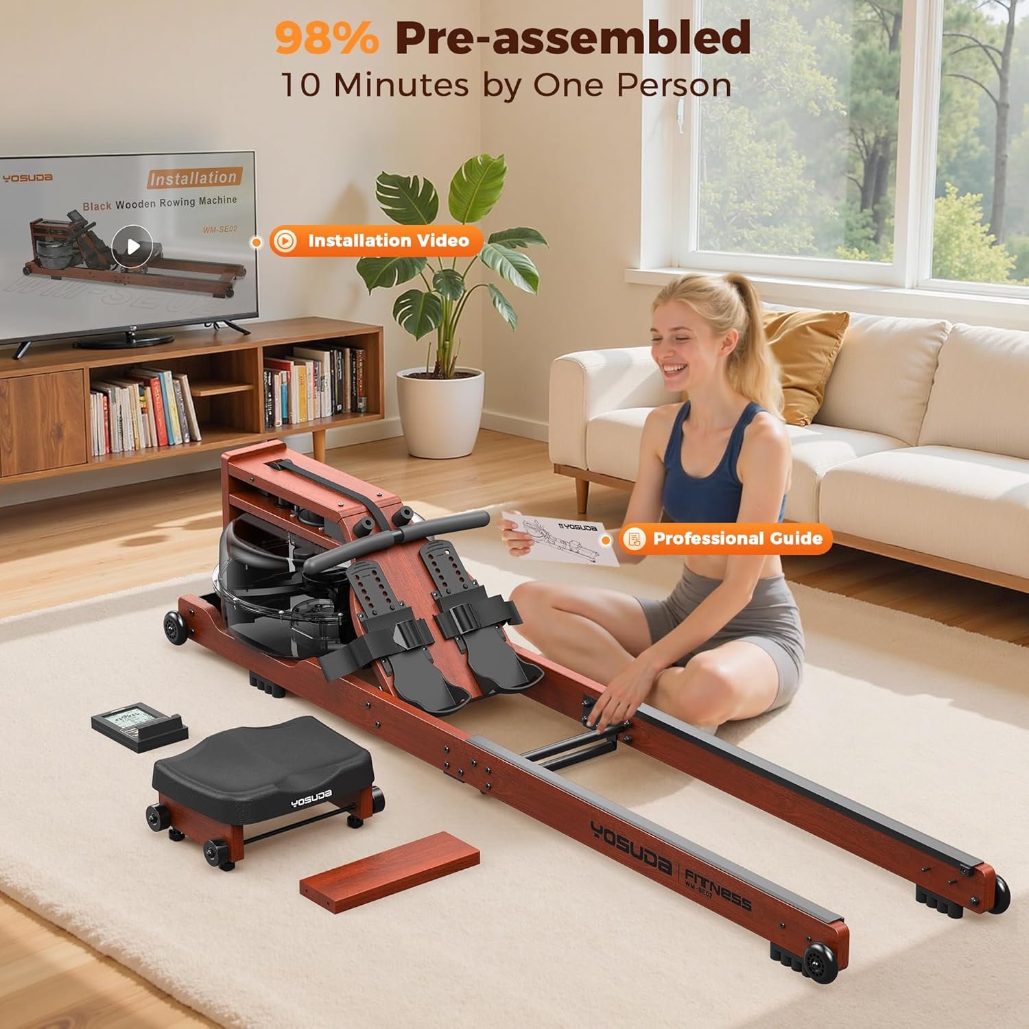 YOSUDA Water Rowing Machine Foldable for Home Use 5.8 Gal Large Water Tank | Immersive Wooden Water Rower Machine, Dedicated Monitor & Bluetooth APP, 4-Blade Paddle, 400LBS Weight Capacity - Image 9