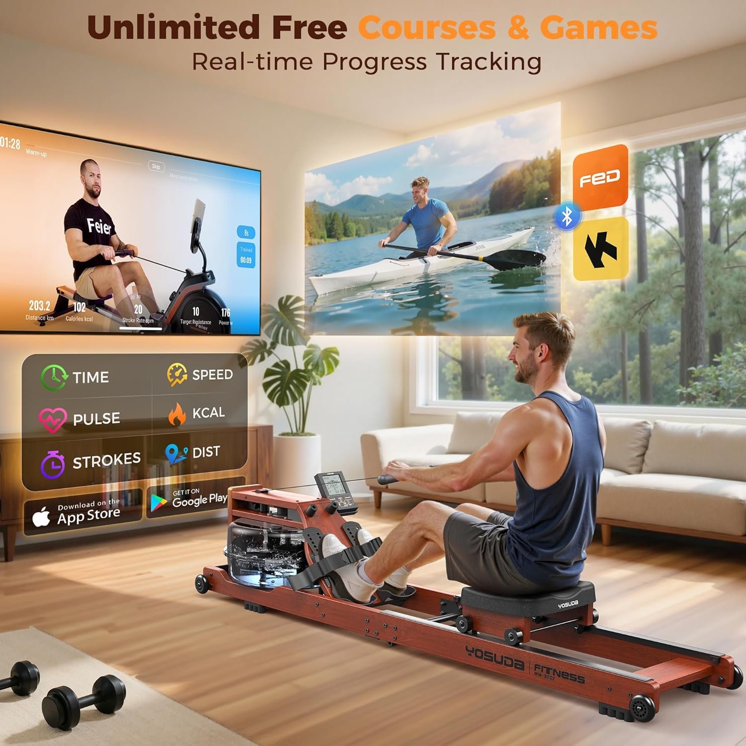 YOSUDA Water Rowing Machine Foldable for Home Use 5.8 Gal Large Water Tank | Immersive Wooden Water Rower Machine, Dedicated Monitor & Bluetooth APP, 4-Blade Paddle, 400LBS Weight Capacity - Image 4