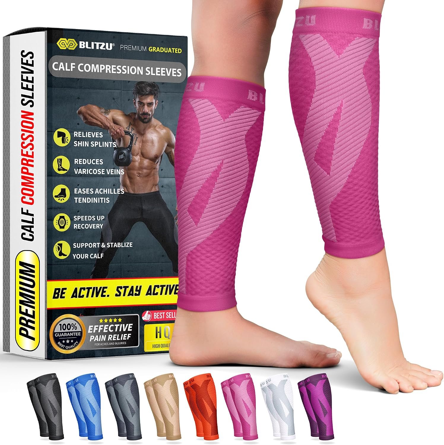 BLITZU Calf Compression Sleeves, Footless Compression Socks for Men & Women | Leg Support Brace, Shin Splint Pain Relief, Reduce Varicose Vein Swelling, Muscle Recovery, Running, Nursing, Fitness, Travel