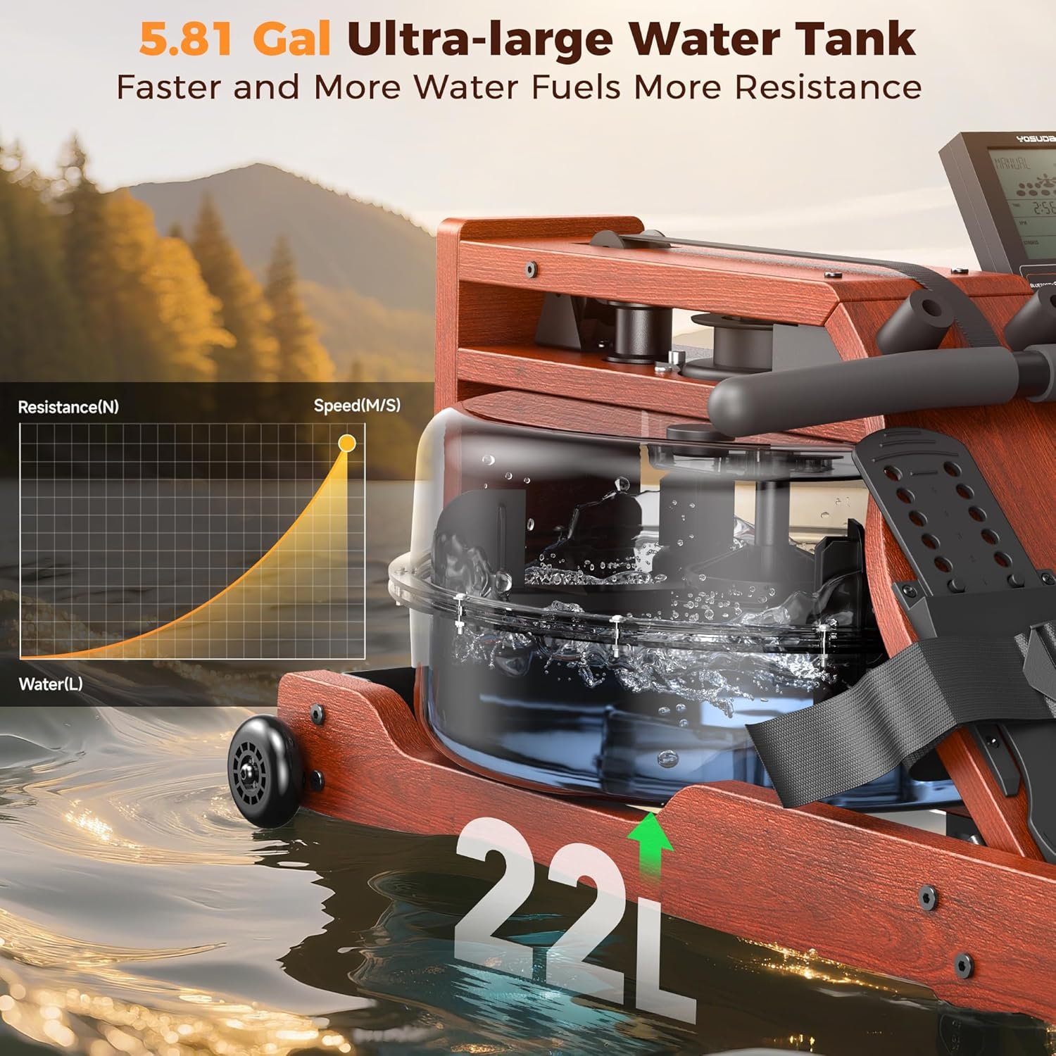 YOSUDA Water Rowing Machine Foldable for Home Use 5.8 Gal Large Water Tank | Immersive Wooden Water Rower Machine, Dedicated Monitor & Bluetooth APP, 4-Blade Paddle, 400LBS Weight Capacity - Image 3