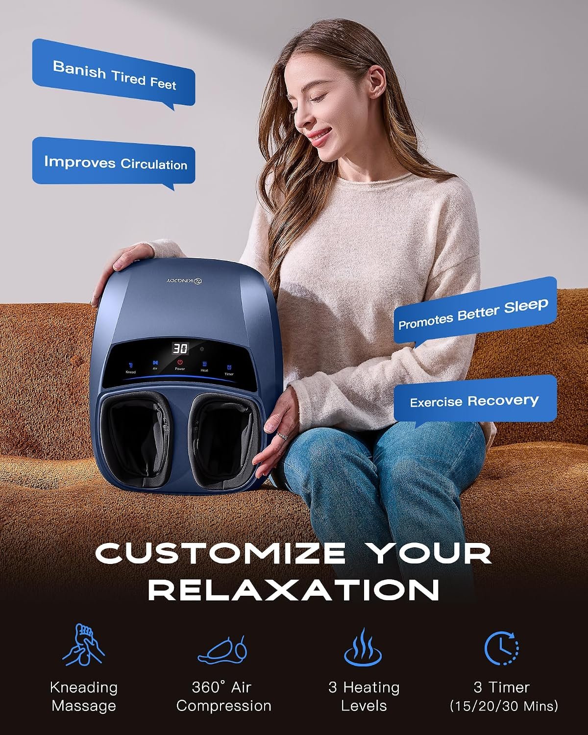 KINGJOY Foot Massager with Heat for Neuropathy and Plantar Fasciitis Relief | Deep Kneading FSA Eligible HSA Shiatsu feet massager, Multi-Level Modes, Remote Control, Self Care Gift for Mom Dad,Size 14 - Image 2