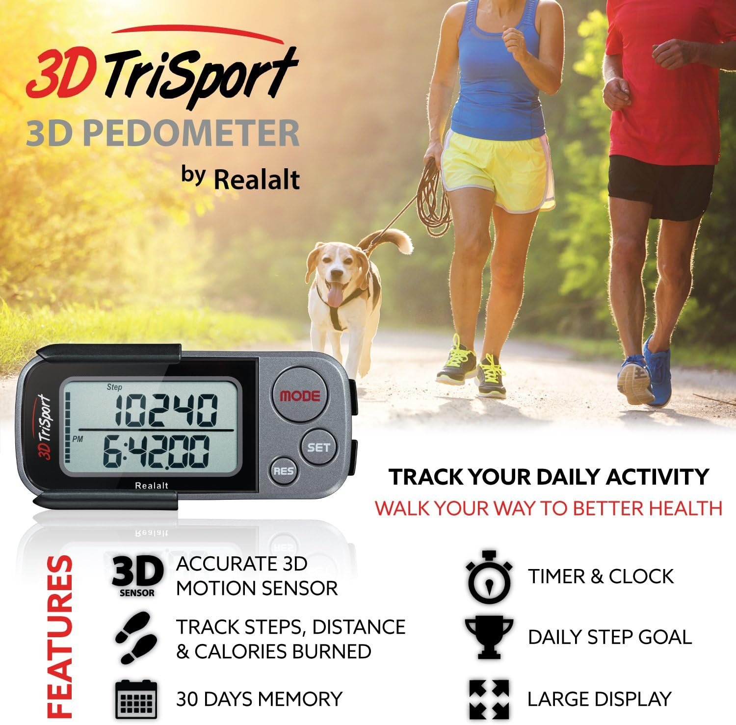 Realalt 3DTriSport 3D Walking Pedometer with Clip & Strap, Accurate Step Counter with 30-Day Memory, Distance in Miles/KM with Large Display Perfect for Seniors & Beginners, eBook Included - Image 2