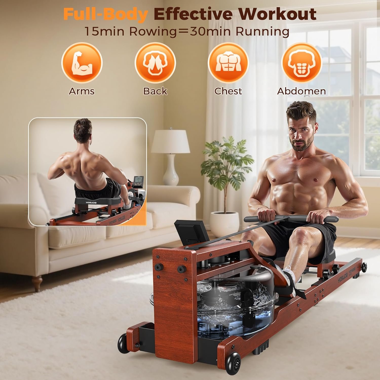 YOSUDA Water Rowing Machine Foldable for Home Use 5.8 Gal Large Water Tank | Immersive Wooden Water Rower Machine, Dedicated Monitor & Bluetooth APP, 4-Blade Paddle, 400LBS Weight Capacity - Image 7