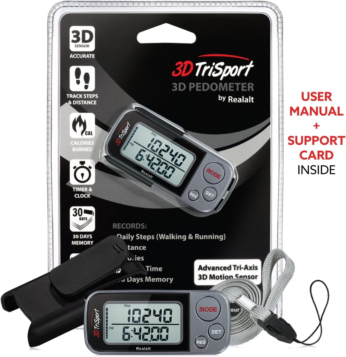 Realalt 3DTriSport 3D Walking Pedometer with Clip & Strap, Accurate Step Counter with 30-Day Memory, Distance in Miles/KM with Large Display Perfect for Seniors & Beginners, eBook Included - Image 7