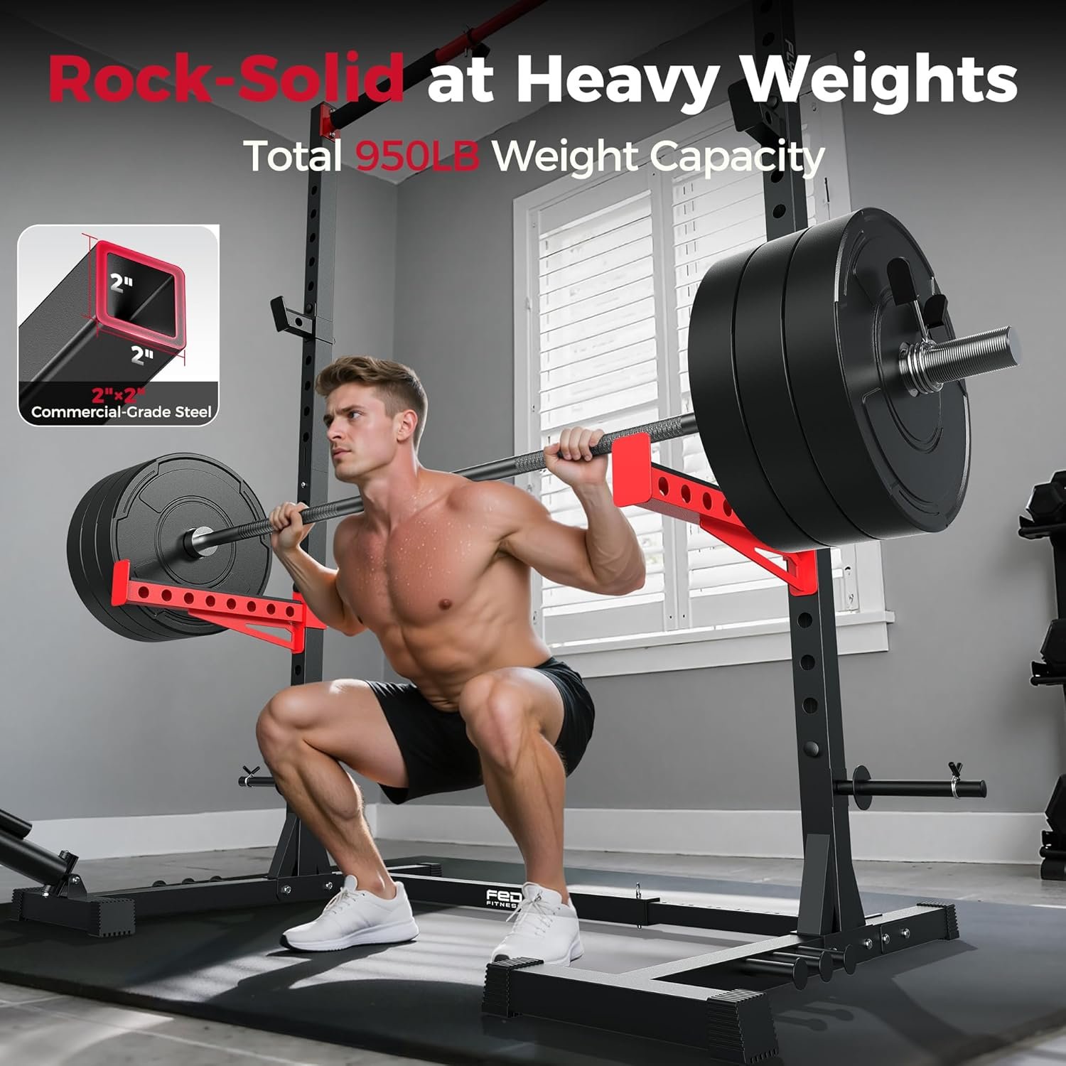 FLYBIRD SR1 Squat Rack, Adjustable Power Rack for 6FT/7FT Barbells | Squat Rack for Home Gyms with Pull-Up Bar,22 Adjustment Positions, J-Hooks and Safety Spotter Arms w/ 110/180LBS Home Package - Image 2