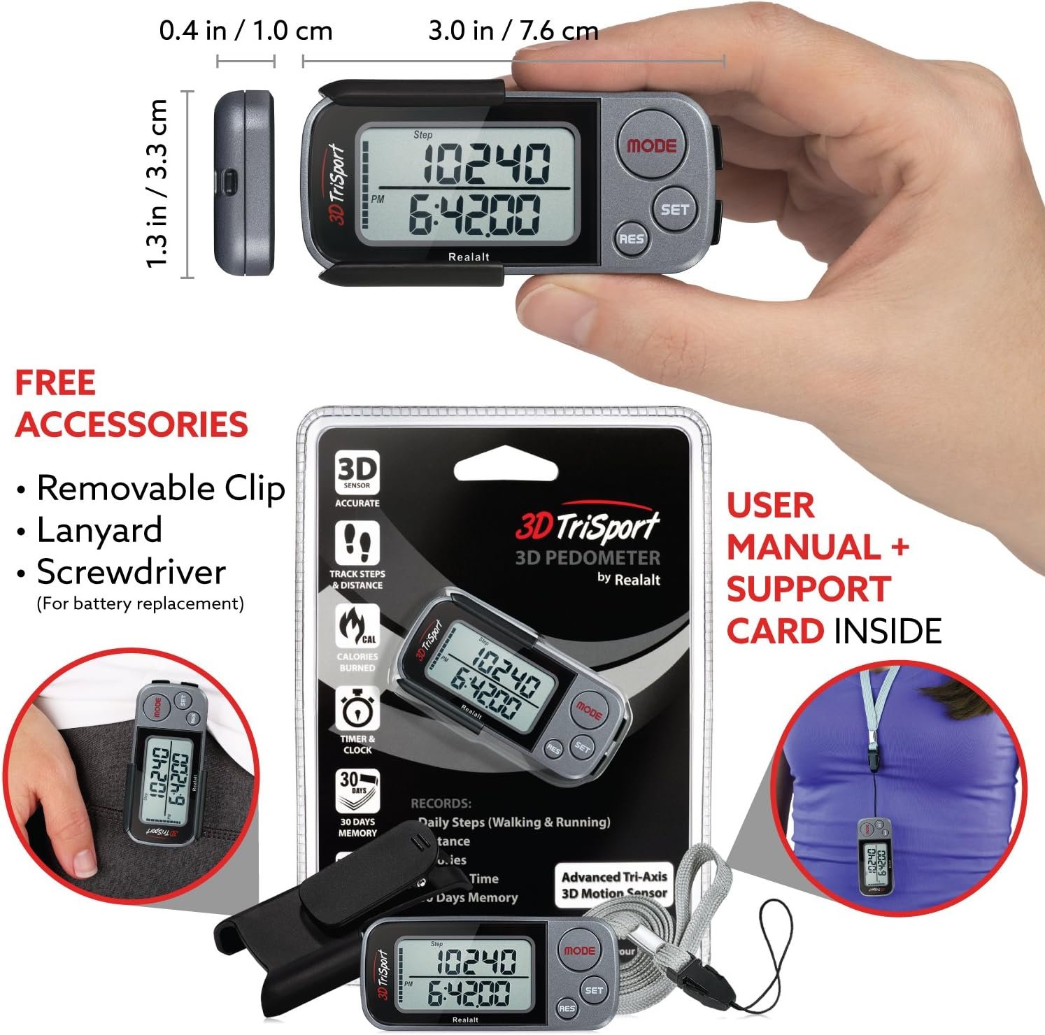 Realalt 3DTriSport 3D Walking Pedometer with Clip & Strap, Accurate Step Counter with 30-Day Memory, Distance in Miles/KM with Large Display Perfect for Seniors & Beginners, eBook Included - Image 4