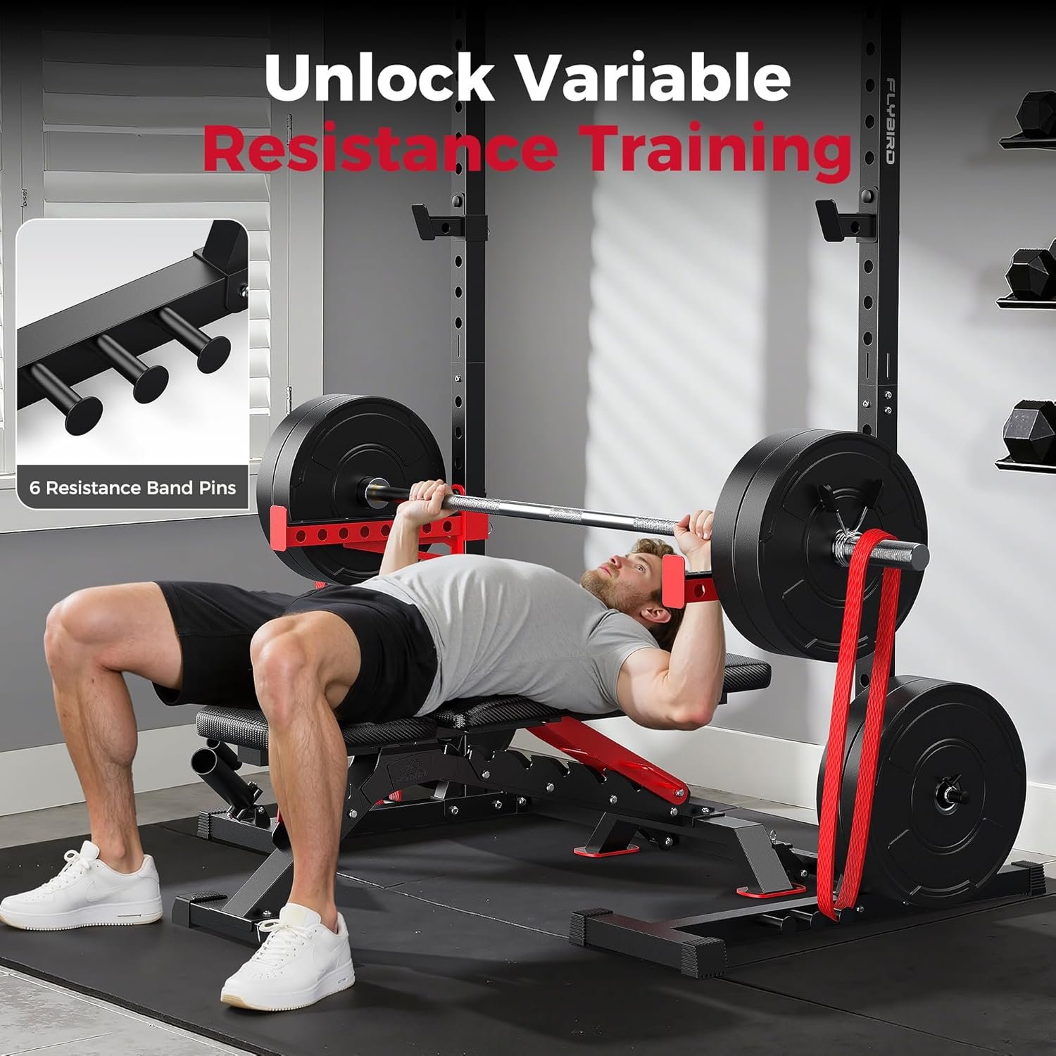 FLYBIRD SR1 Squat Rack, Adjustable Power Rack for 6FT/7FT Barbells | Squat Rack for Home Gyms with Pull-Up Bar,22 Adjustment Positions, J-Hooks and Safety Spotter Arms w/ 110/180LBS Home Package - Image 7