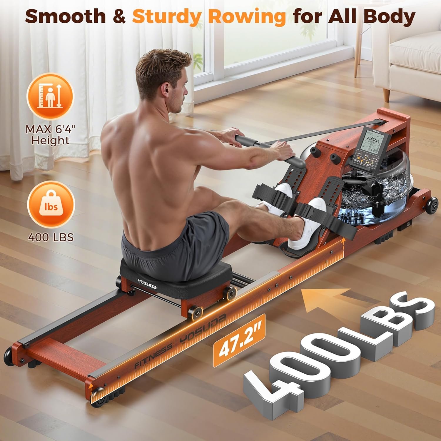 YOSUDA Water Rowing Machine Foldable for Home Use 5.8 Gal Large Water Tank | Immersive Wooden Water Rower Machine, Dedicated Monitor & Bluetooth APP, 4-Blade Paddle, 400LBS Weight Capacity - Image 6