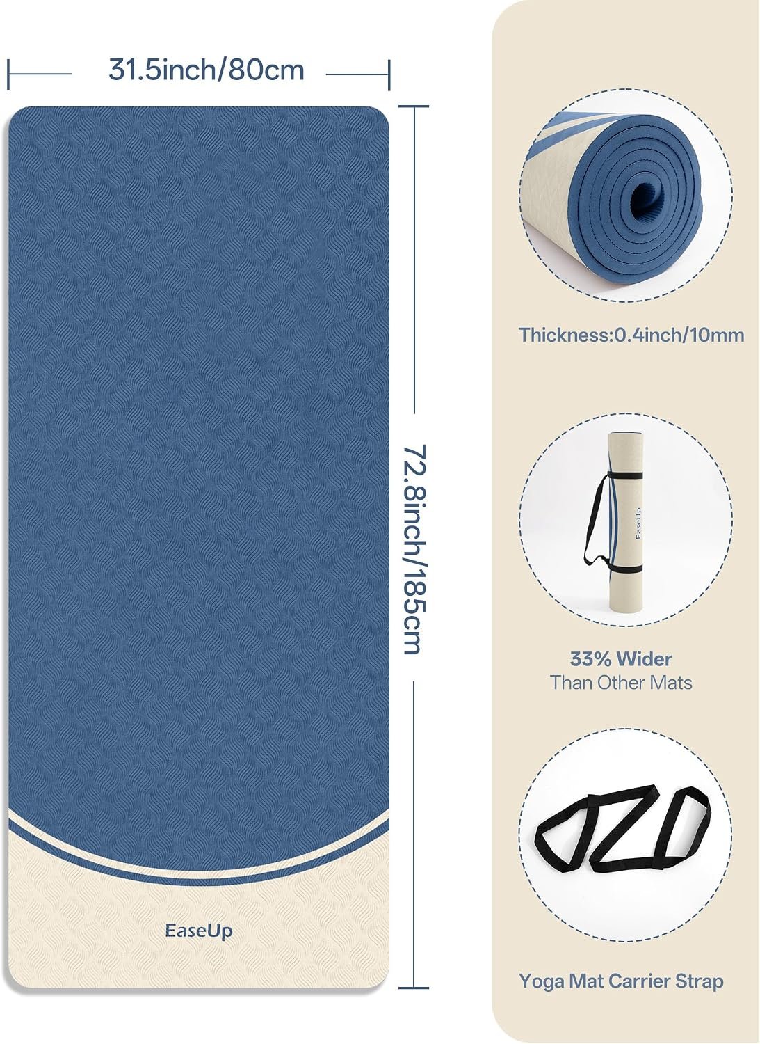 EaseUp 10mm Thick Yoga Mat, 73"×31.5" Extra Wide, Non-Slip with Strap | Extra thick 0.4inch yoga mats for Yoga,Exercise,Pilates and Fitness, for Women Men Home Workout - Image 2