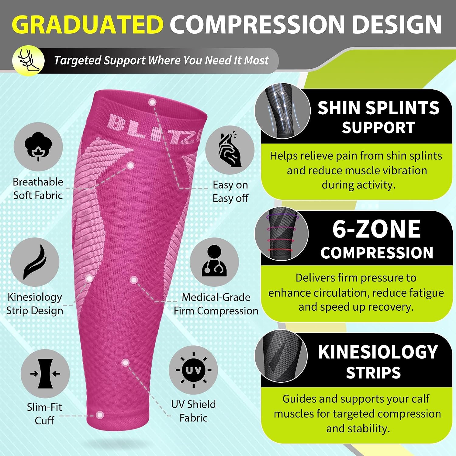 BLITZU Calf Compression Sleeves, Footless Compression Socks for Men & Women | Leg Support Brace, Shin Splint Pain Relief, Reduce Varicose Vein Swelling, Muscle Recovery, Running, Nursing, Fitness, Travel - Image 3
