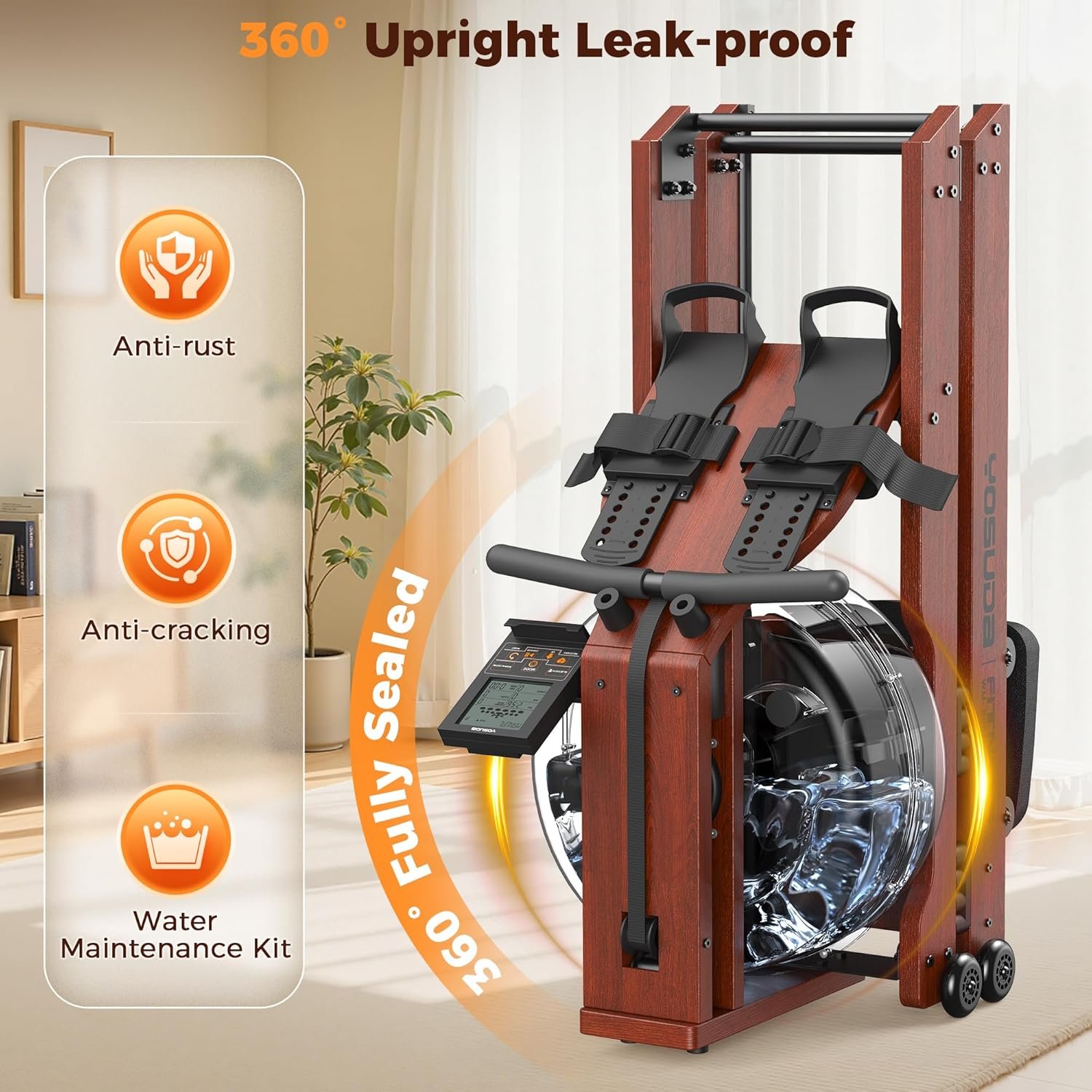 YOSUDA Water Rowing Machine Foldable for Home Use 5.8 Gal Large Water Tank | Immersive Wooden Water Rower Machine, Dedicated Monitor & Bluetooth APP, 4-Blade Paddle, 400LBS Weight Capacity - Image 8