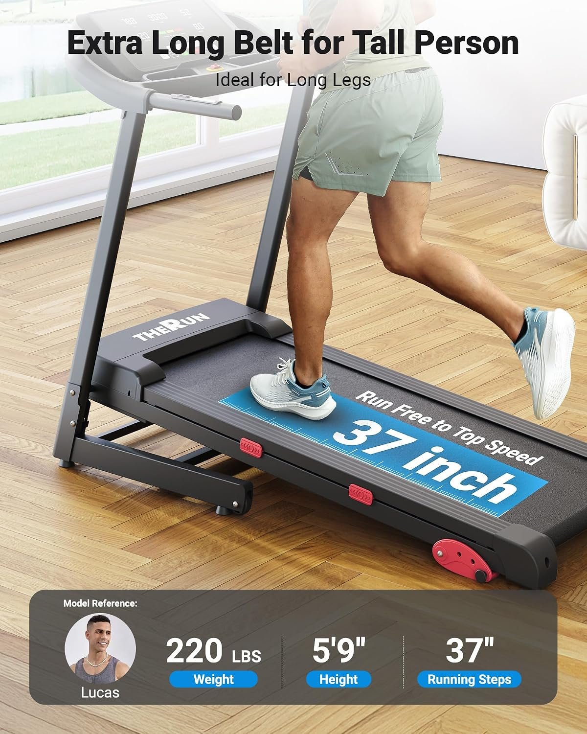 THERUN 9Mph Treadmills for HOM, Running Treadmill Manual Incline Treadmill | foldable, 18" LED screen, heart rate, 9mph, 3 manula incline, heavy duty treadmill, wide belt, hydraulic folding - Image 4