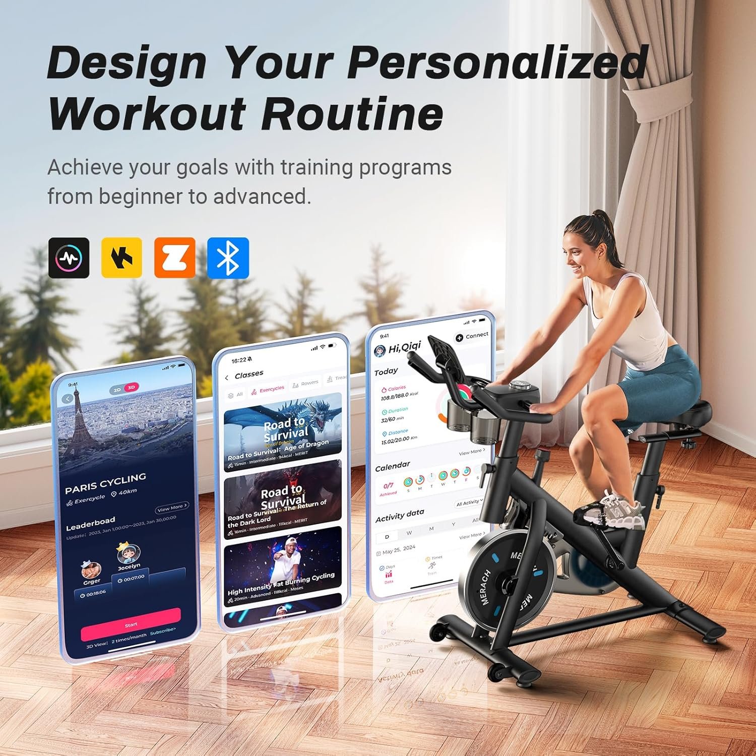 MERACH Exercise Bike, Magnetic Friction Stationary Bike with Brake Pad | Low Noise Indoor Cycling Bike with Exclusive App, 300lbs Weight Capacity, Tablet Mount and Fitness Courses for Weight Loss - Image 2