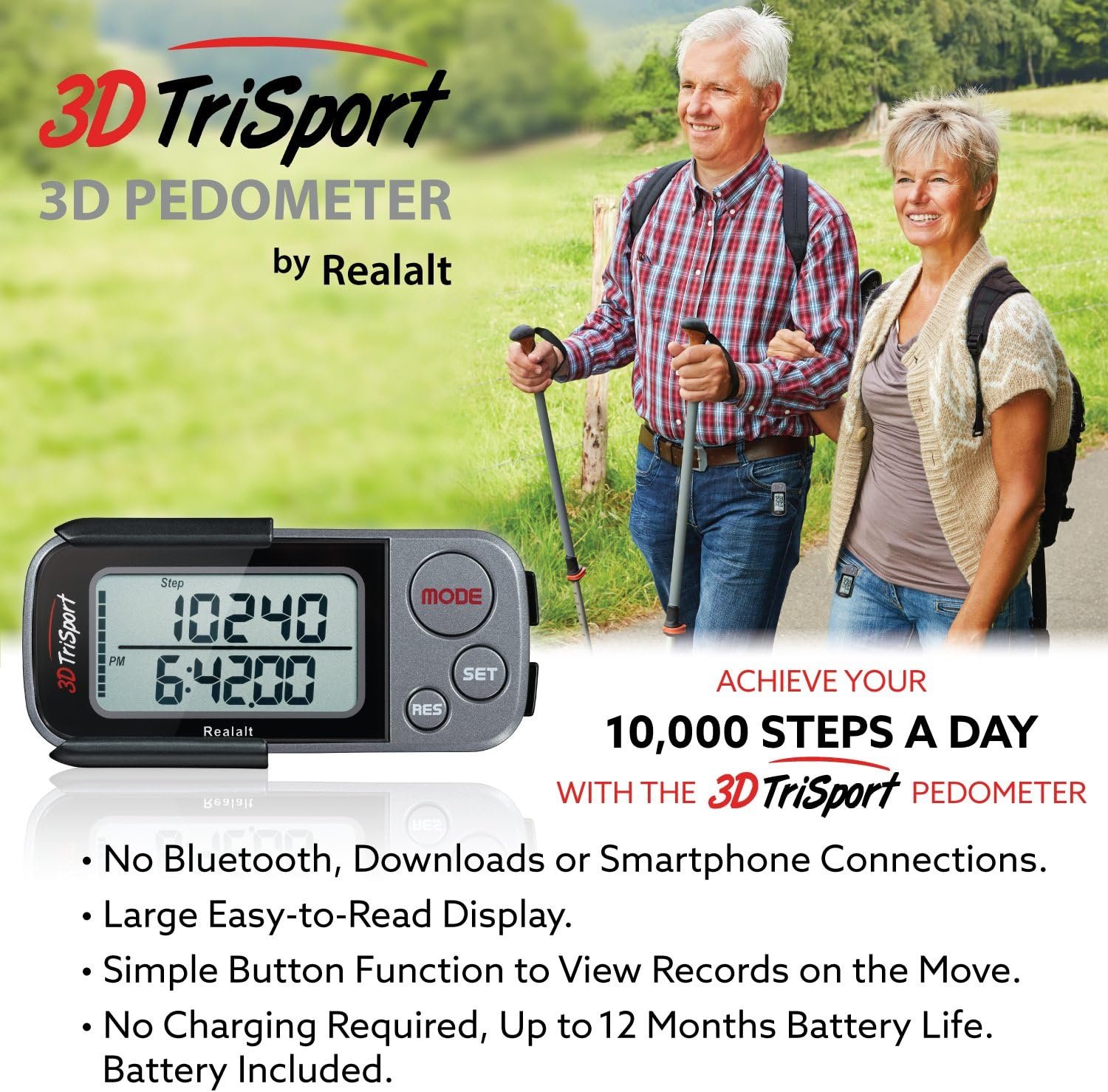 Realalt 3DTriSport 3D Walking Pedometer with Clip & Strap, Accurate Step Counter with 30-Day Memory, Distance in Miles/KM with Large Display Perfect for Seniors & Beginners, eBook Included - Image 6