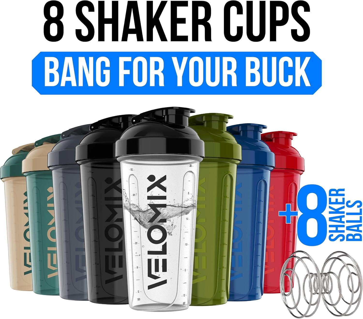VELOMIX 8 Pack 28oz Protein Shaker Bottle for Protein Mixes, Crystal Clear | 8x Wire Whisk, Leak Proof Shaker Cups for Protein Shakes, Stackable, Multipack Value Set for Home, Gym, Office and Car - Image 2